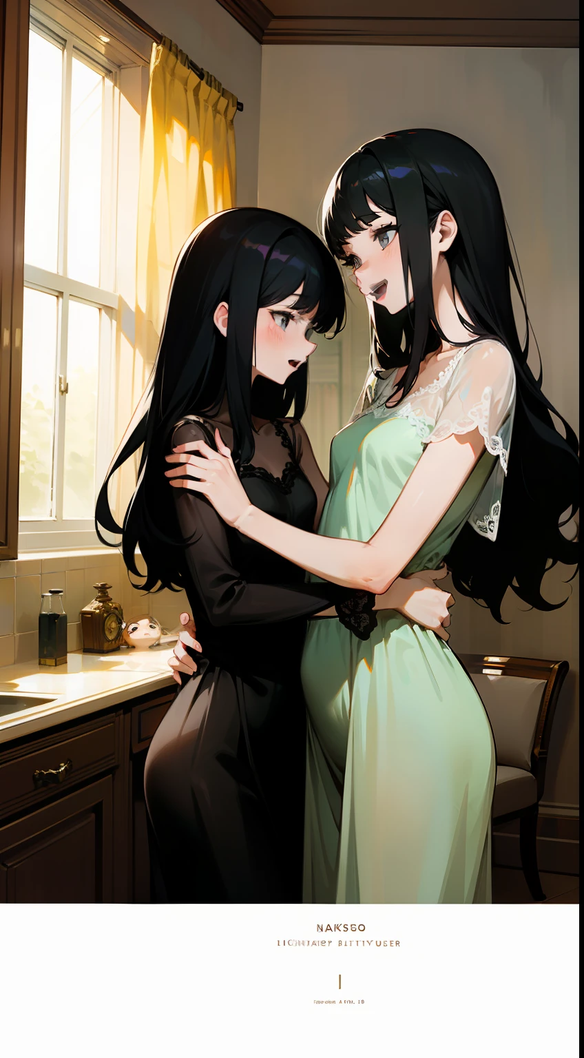 ((Masterpiece)), ((Best Quality)), Illustration, 2 girls, Hair color, Bangs, Hairstyle fax, Portrait from waist up, Date, Ladies, Girl, transparent clothes, Light green long black hair, Gray eyes, Dull bangs, Smile, Posture to emphasize breasts, Nightgown, Black lace underwear, Clear underwear, See-through, Hotel private room, Open mouth, Small breasts, Naked mother and daughter