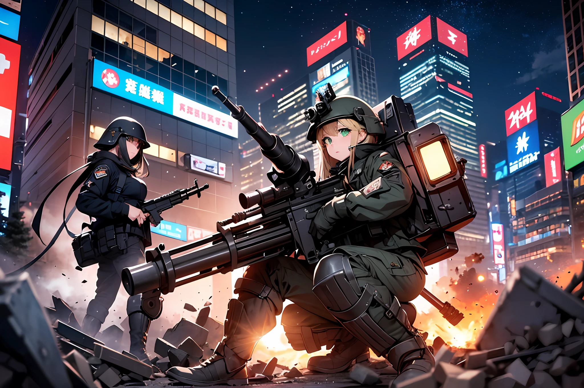 {{Masterpiece, top quality, highly detailed CG, 16K, movie lighting, lens flare}}, (Lahti L-39 1 girl soldier sniping a huge military robot with an anti-tank gun), (black combat uniform), wide view, thick body, Photorealistic: 1.4, long blonde hair, green eyes, have multiple weapons, aim accuracy 1.4, Lahti L-39 anti-tank gun, direct light, Night footage with f/1.8 lens flare, shot on rubble with a depth of field of 35mm ((Shinjuku at night in battle by 5 Special Forces SWATs)), (sniping with anti-tank rifles), FROM SIDE, HDR, Hyper detailed, wreckage of a giant robot, (Wide Angle Lens), Aftersight