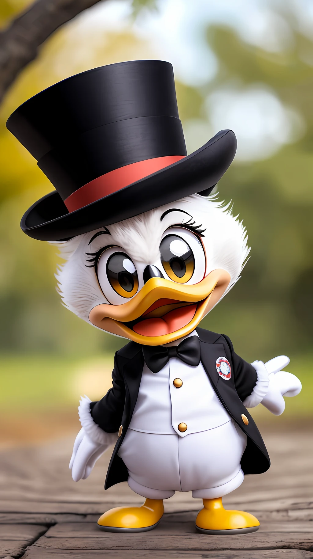 (Masterpiece), (Best Quality), (Super Detail), (Full Body: 1.2), Donald Duck, Chibi, Cute, Smiling, Mouth Closed, Facing Forward, Looking Here, Outdoor, Blushing Seal, Tree, 3, Jacket, Red Cover, Wearing a Black Top Hat, Black Top Hat, Bright Eyes, (Beautiful Detailed Face), (Beautiful Detailed Eyes), Blur. Donald Duck