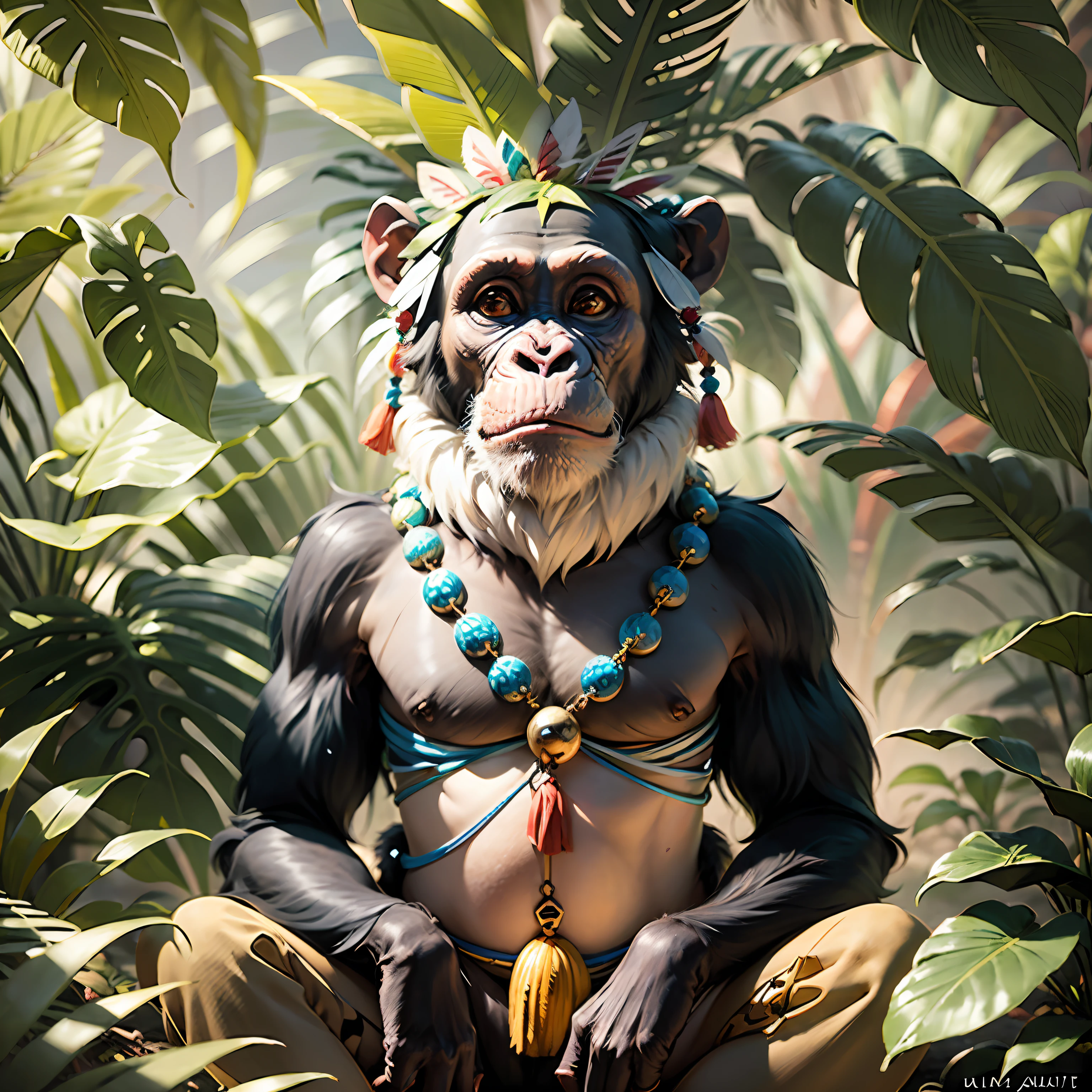 Chimpanzee with indigenous headdress on head, ((meditating)) colorful feathers, facing the camera, detail: sitting in the middle of dense tropical foliage, highly detailed intricate, ((masterpiece)), ultra hyperrealistic, masterpiece
