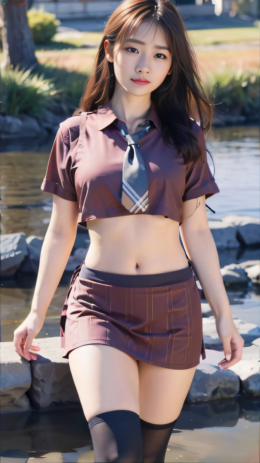 An Asian beauty, brown top, tie, short brown apron, standing elegantly, by the lake, master masterpiece, realistic skin, 16k resolution