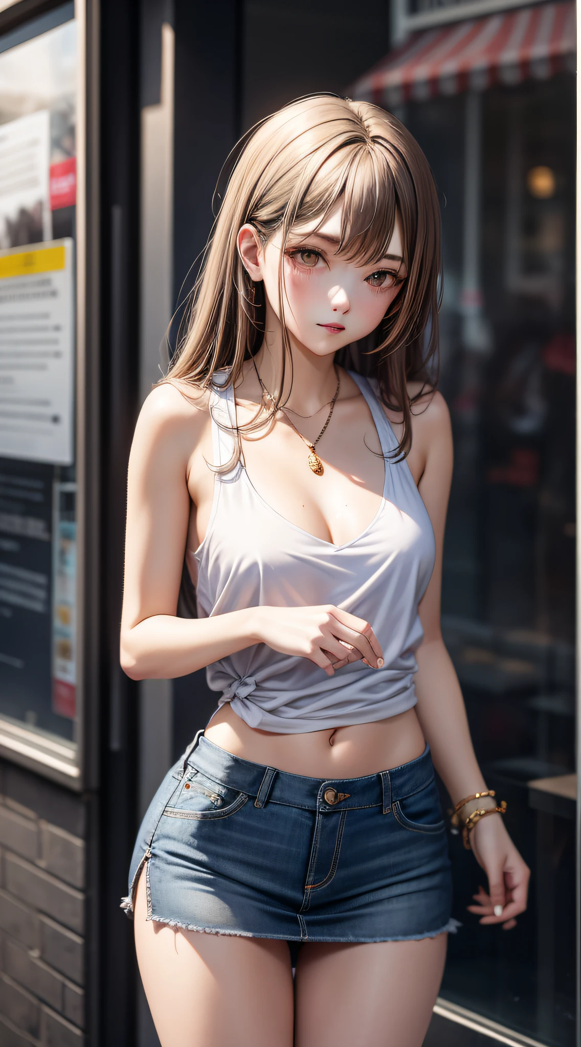 White slip top, miniskirt, medium chest