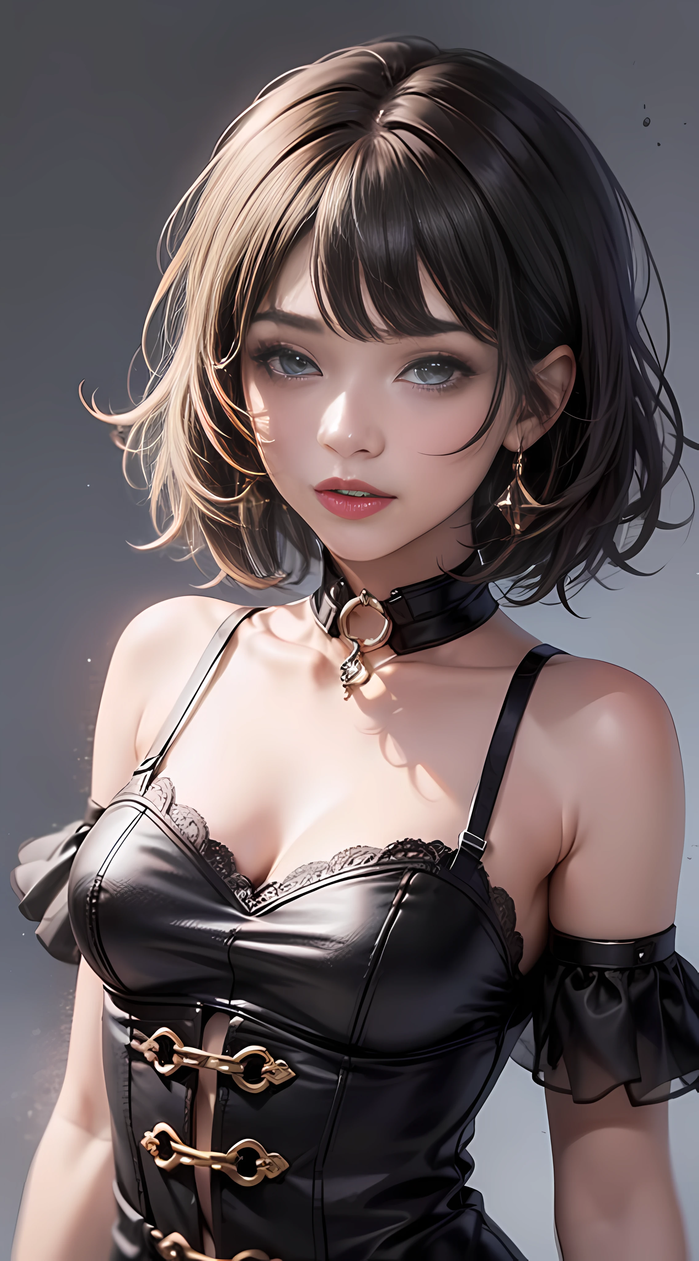 Best quality, 1 girl, KDA, solo, long hair, short hair, dress, do not miss fingers, upper body
