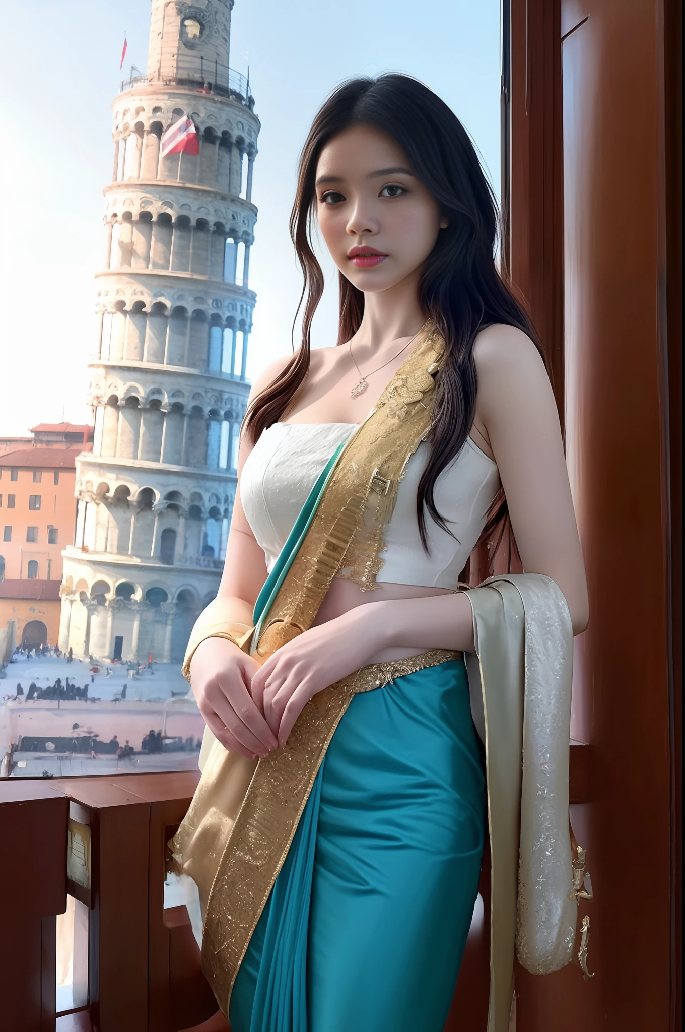 modelshoot style, (extremely detailed CG unity 8k wallpaper),full shot body photo of the most beautiful artwork in the world, stunningly beautiful photo realistic cute women intricately detailed costume, navel,princess eyes,(Leaning Tower Of Pisa background), professional majestic oil painting by Ed Blinkey, Atey Ghailan, Studio Ghibli, by Jeremy Mann, Greg Manchess, Antonio Moro, trending on ArtStation, trending on CGSociety, Intricate, High Detail, Sharp focus, dramatic, photorealistic painting art by midjourney and greg rutkowski