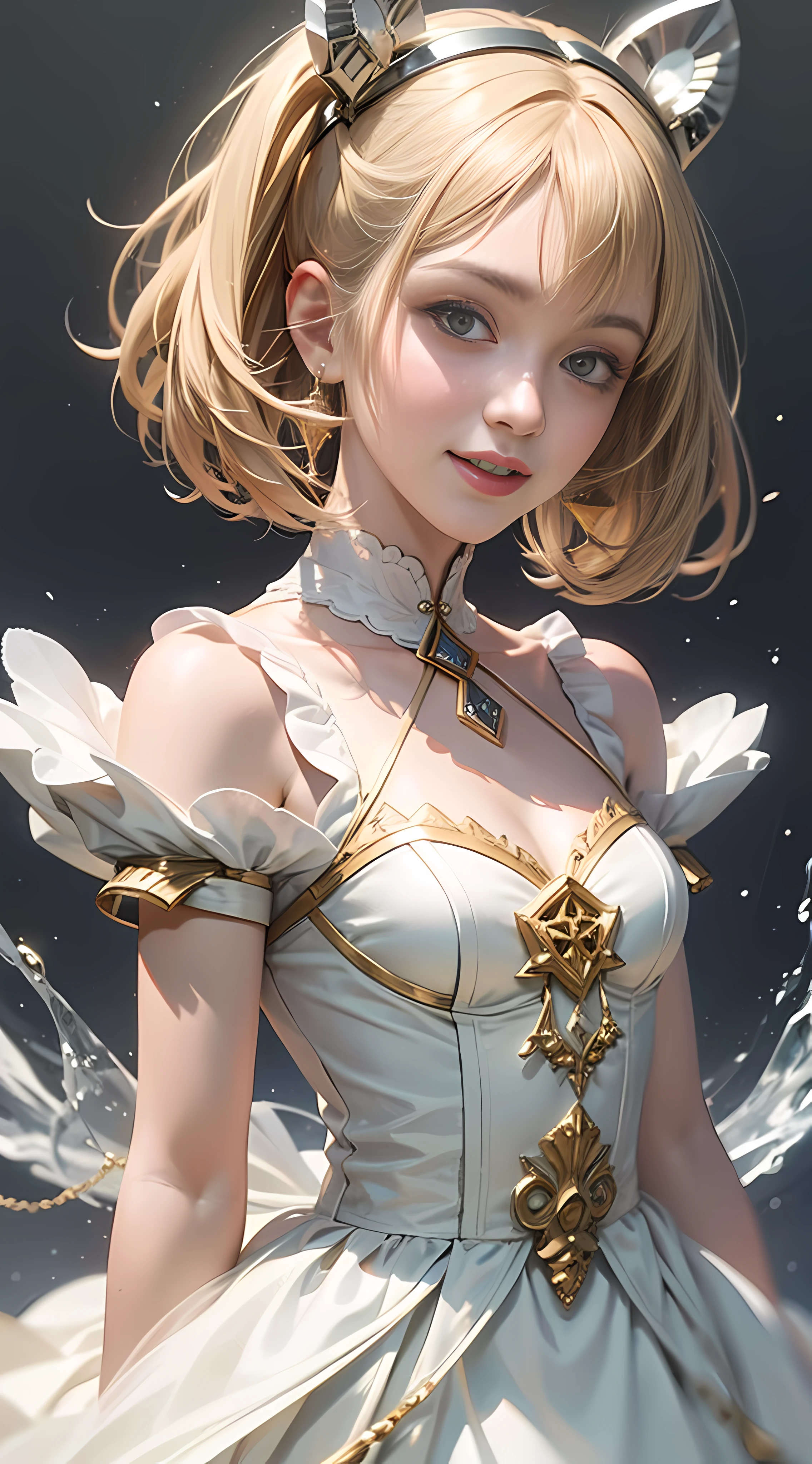 Best quality, 1 girl, don't miss fingers, bodice, white clothes, smile, group face, small mouth, KDA, solo, long hair, short hair, dress,