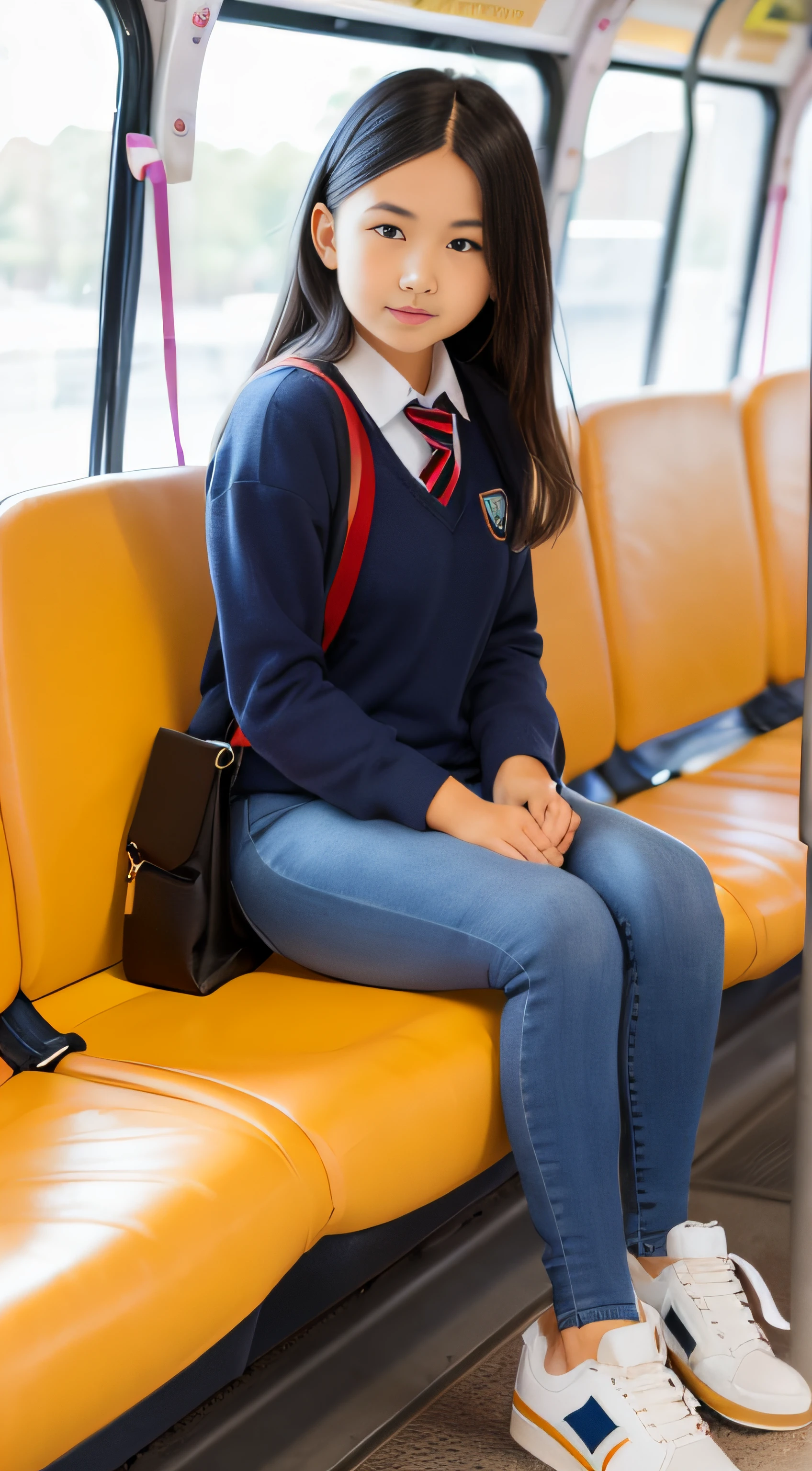 A soaky school uniform + blue skinny jeans + sneakers for long legs girl sitting on the bus.