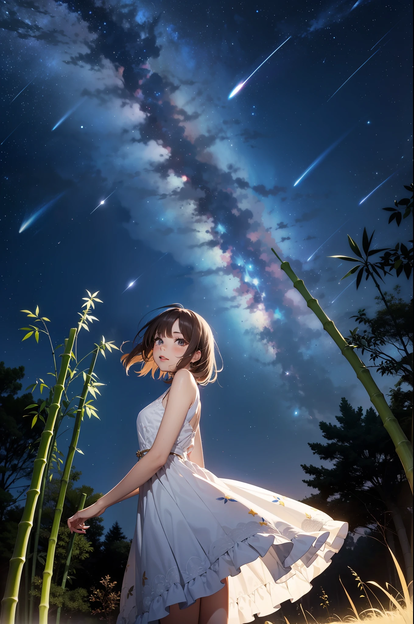 Absurd, high resolution, super detailed, anime-like, (cute girl: 1.3), night scene shooting, beautiful brown hair with soft transparency, cute gray thread with a little power, attractive mouth, makeup, striking red lips, dramatic lighting, a little provocative but very soft smile staring at us. Dress with white detailed design, Tanabata / Milky Way, galaxy, milky way, night sky, tremendously beautiful night sky, bamboo bamboo, paper strips with a very expansive sky in the background, wish, high sky, shooting star, medium distance shooting, low angle,