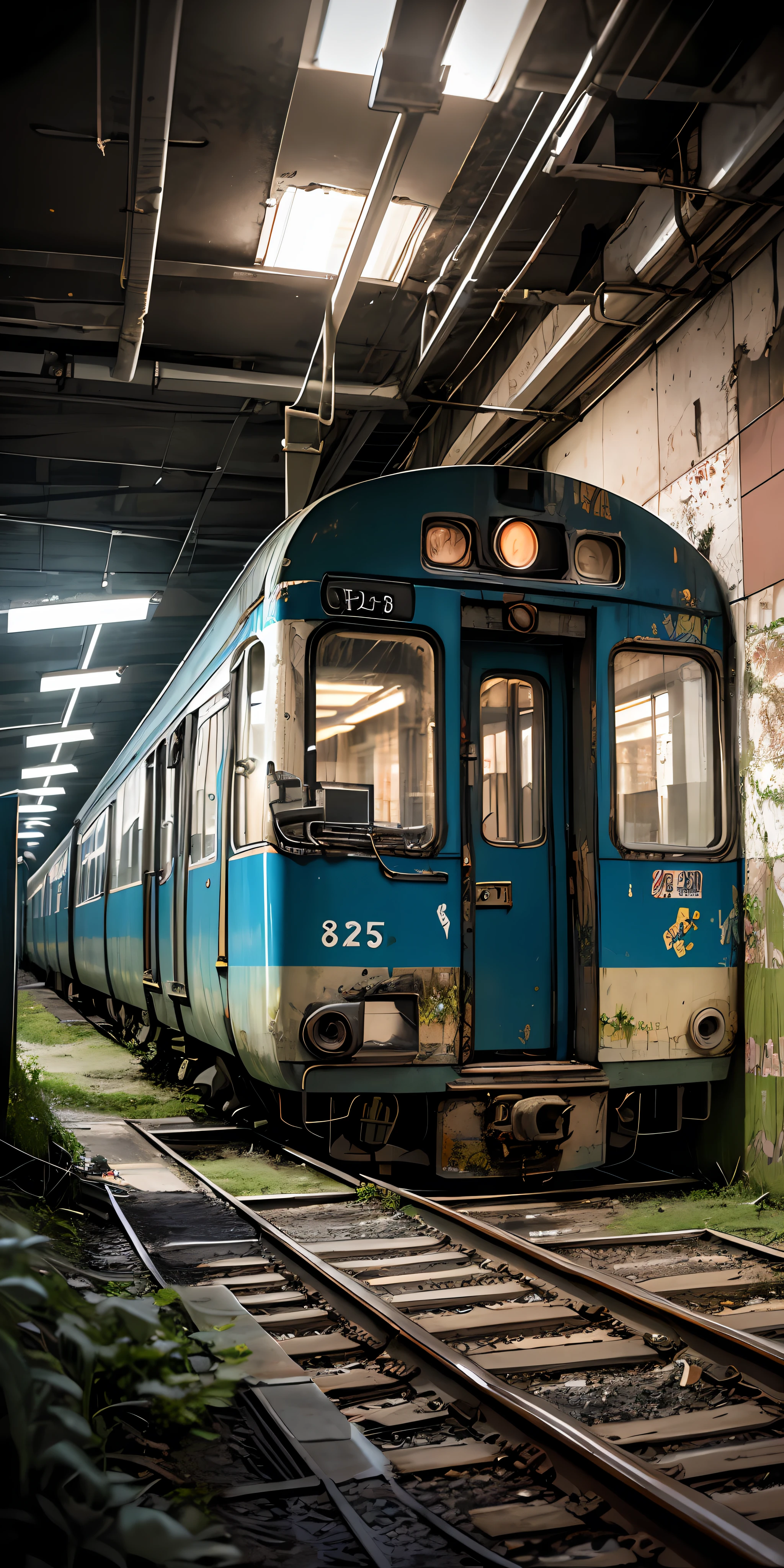 Photography of an abandoned and neglected train in an old abandoned subway, In the style of Felicia Simion and Peter lik