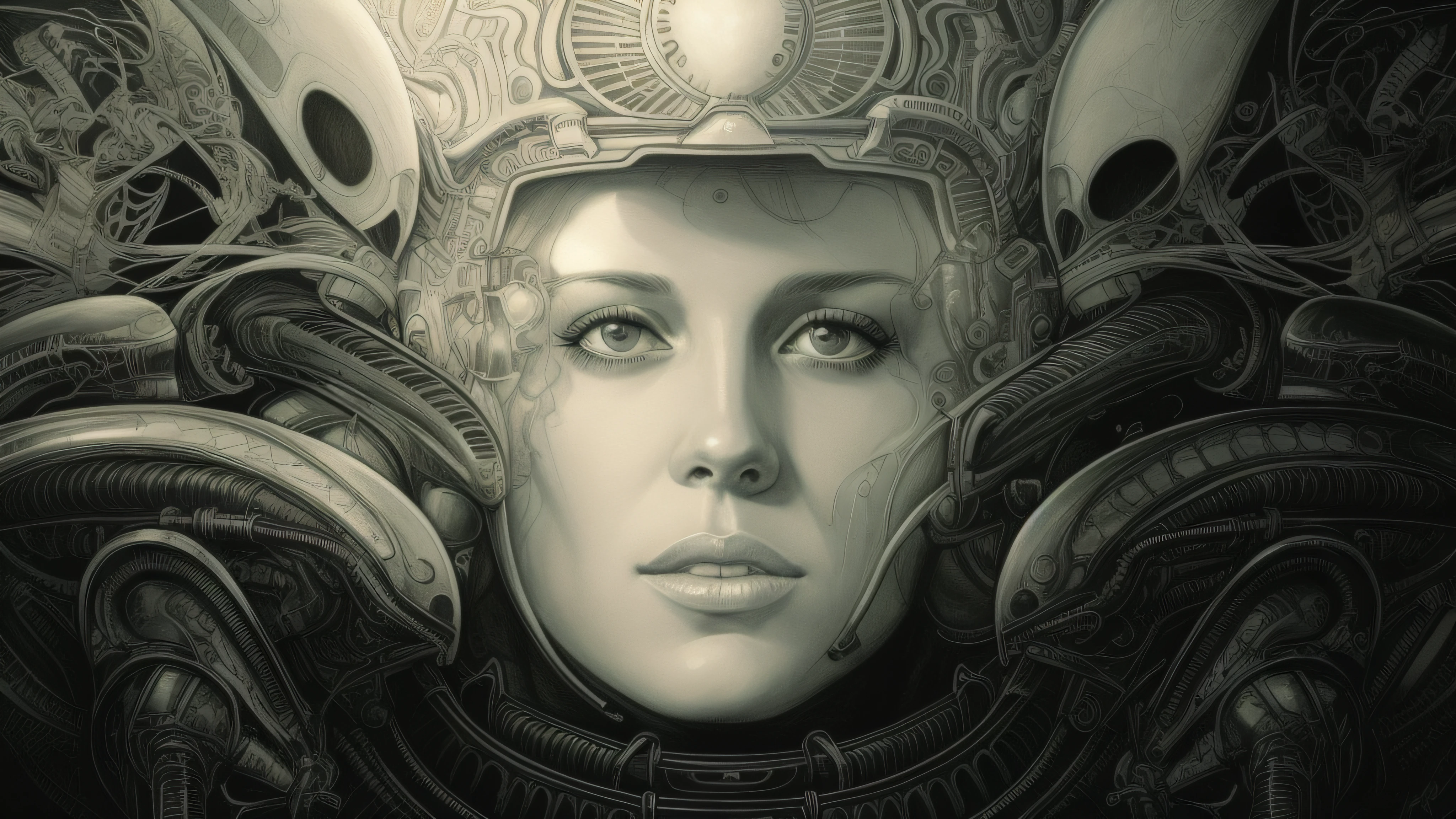 there is a drawing of a woman with a helmet on, martin ansin artwork portrait, detailed sci-fi art, ripley, drew struzan illustration art, hr giger artwork, ellen ripley, art of hans ruedi giger, art giger, drew struzan tomasz alen kopera, alien portrait, martin ansin, symmetrical portrait scifi --auto