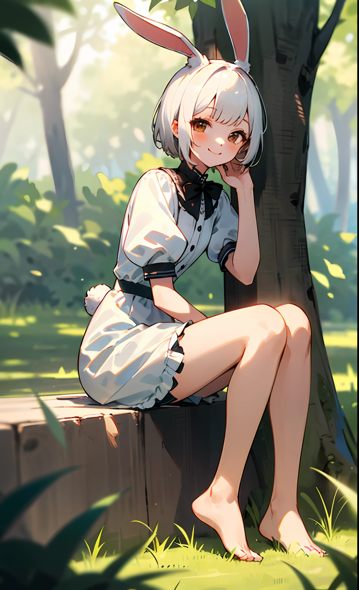 ((masterpiece,best quality)),1girl, solo, animal ears, rabbit, barefoot, knee raised, skirt, sitting position, rabbit ears, short sleeves, looking at viewer, grass, short hair, smiling, white hair, ???? sleeves , outdoors, puffy short sleeves, bangs, on the ground, full body, animal, white dress, sunlight, brown eyes, dappled sunlight, daytime, depth of field