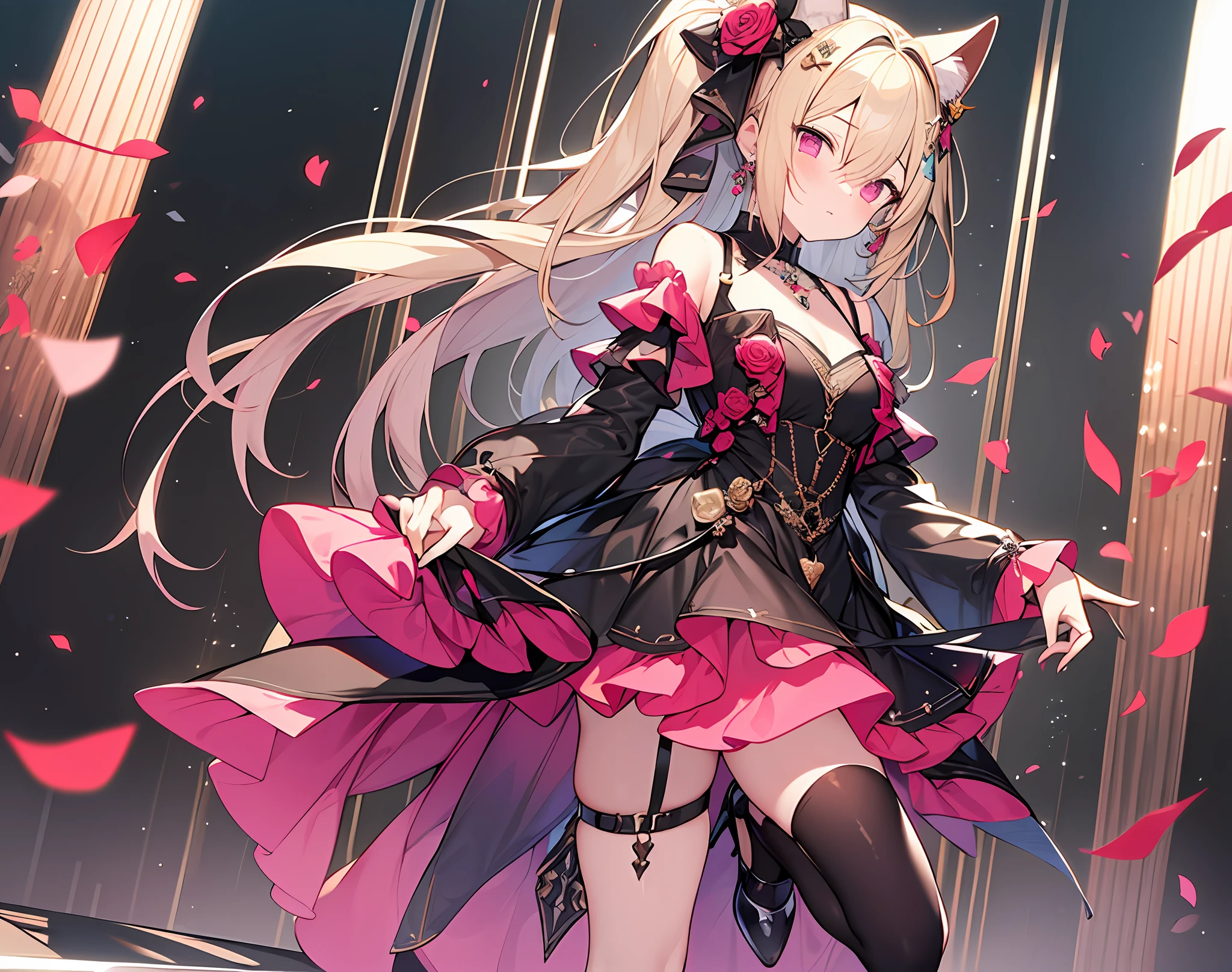 ((masterpiece, best quality)), a maiden, standing full body main view blonde hair, double ponytail, pink eyes, bangs between the eyes fox ears, black white and rose red clothing, clothing style: singing dress, leg straps, hair ornaments are bows, crystal pendants, high heels, white silk