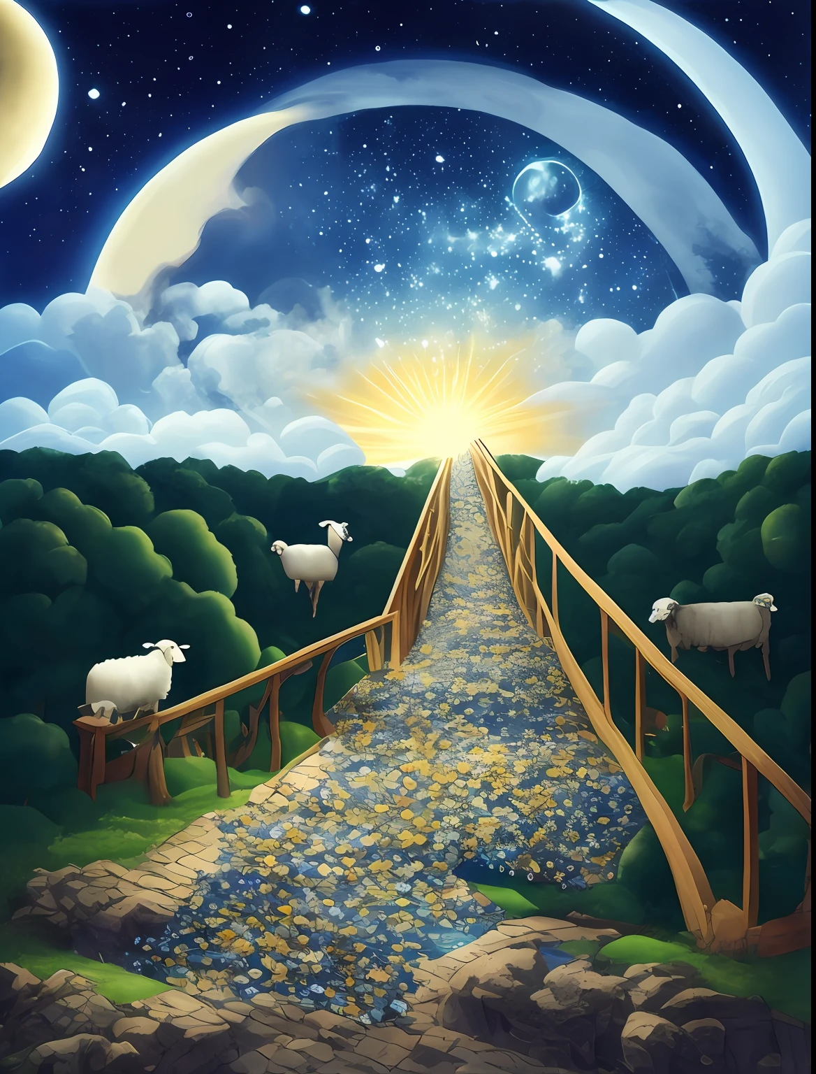 Crossing the Bridge of Light, the sheep was overwhelmed by the beautiful space scenery that unfolded before him. The stars sparkled, and strange colors spread throughout the universe.