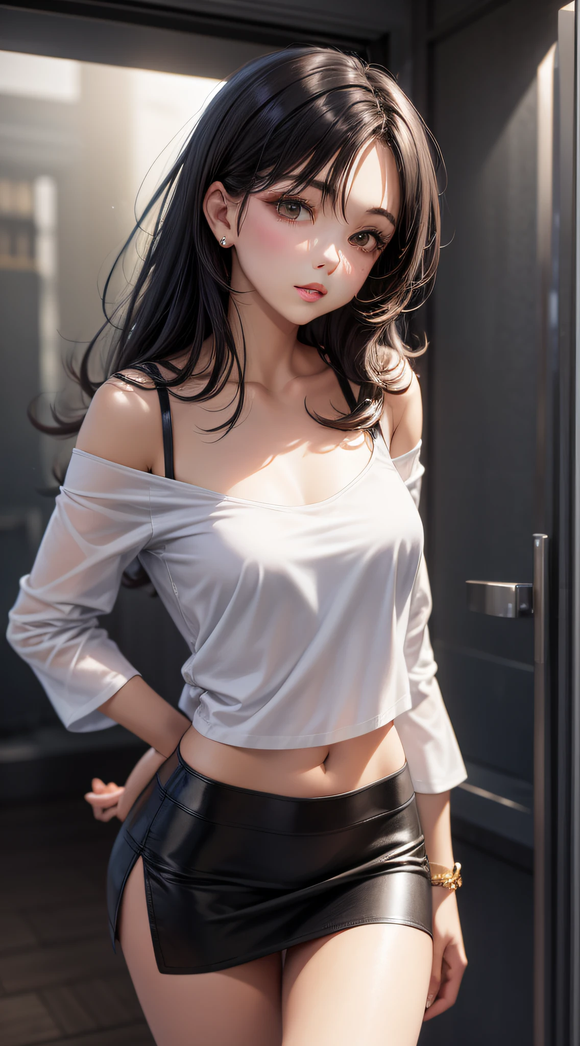 White slip top, miniskirt, medium chest
