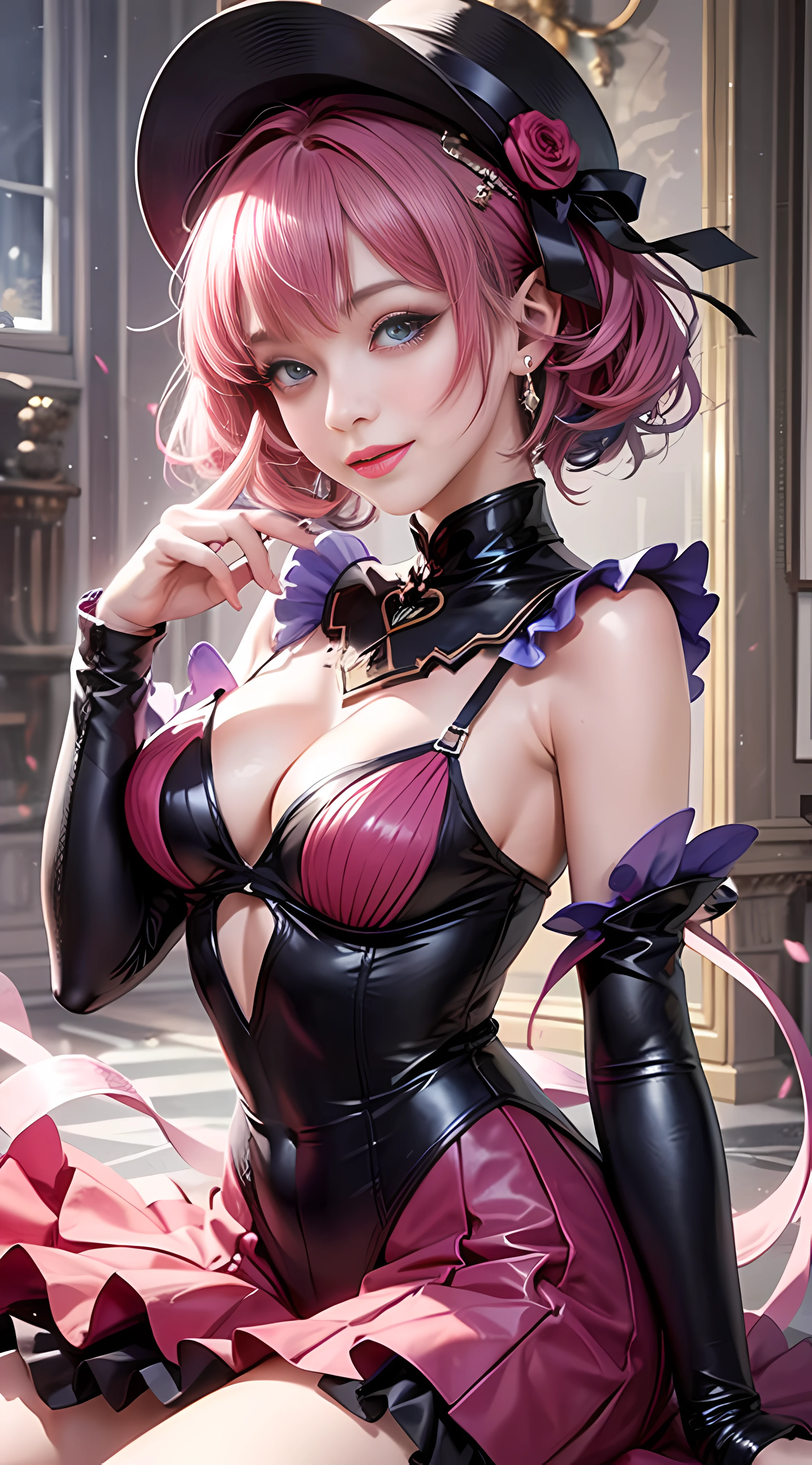 Best quality, 1 girl, don't miss fingers, bodice, multicolored clothes, smile, KDA, solo, long hair, short hair, dress,