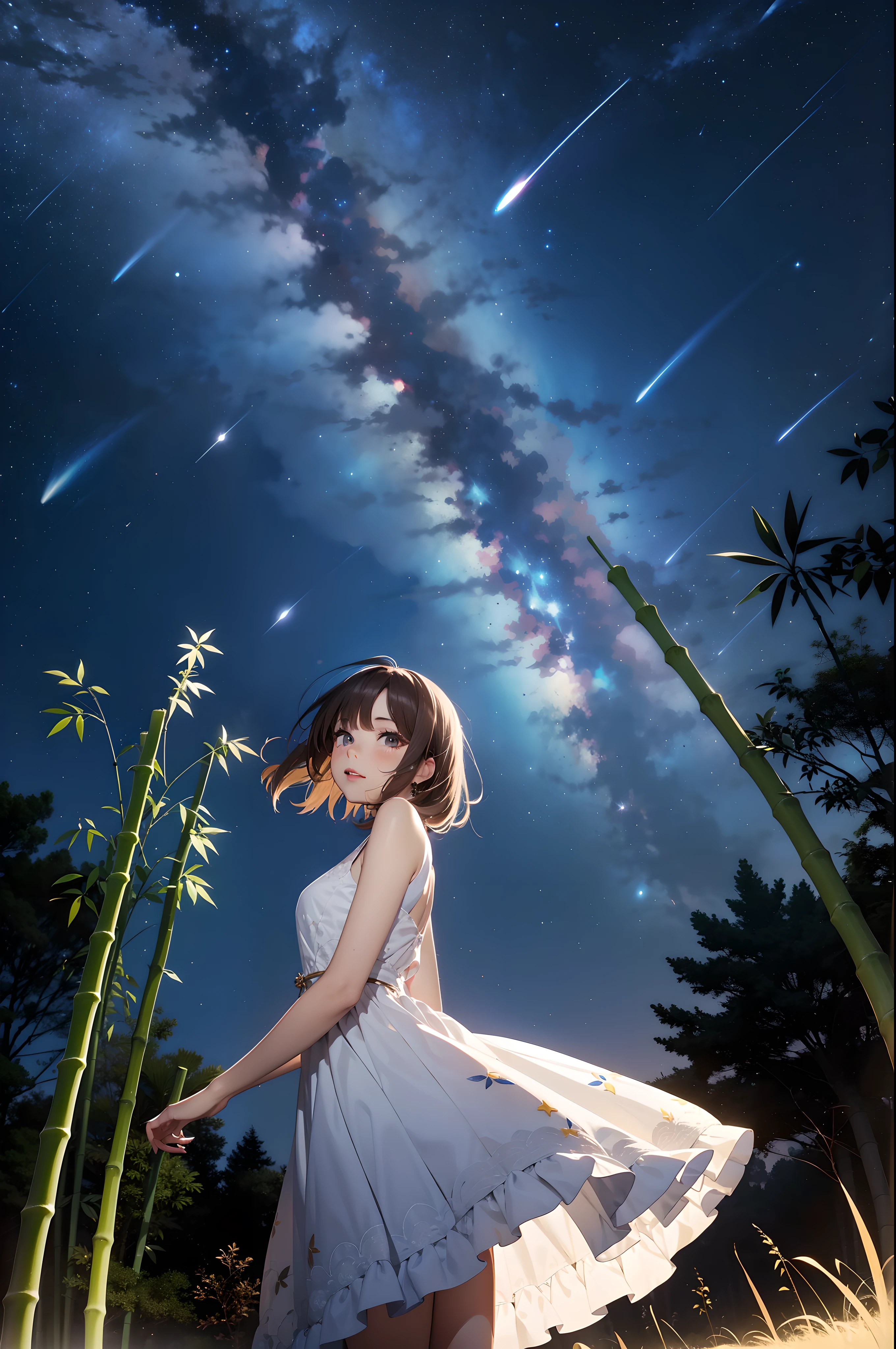 Absurd, high resolution, super detailed, anime-like, (cute girl: 1.3), night scene shooting, beautiful brown hair with soft transparency, cute gray thread with a little power, attractive mouth, makeup, striking red lips, dramatic lighting, a little provocative but very soft smile staring at us. Dress with white detailed design, Tanabata / Milky Way, galaxy, milky way, night sky, tremendously beautiful night sky, bamboo bamboo, paper strips with a very expansive sky in the background, wish, high sky, shooting star, medium distance shooting, low angle,