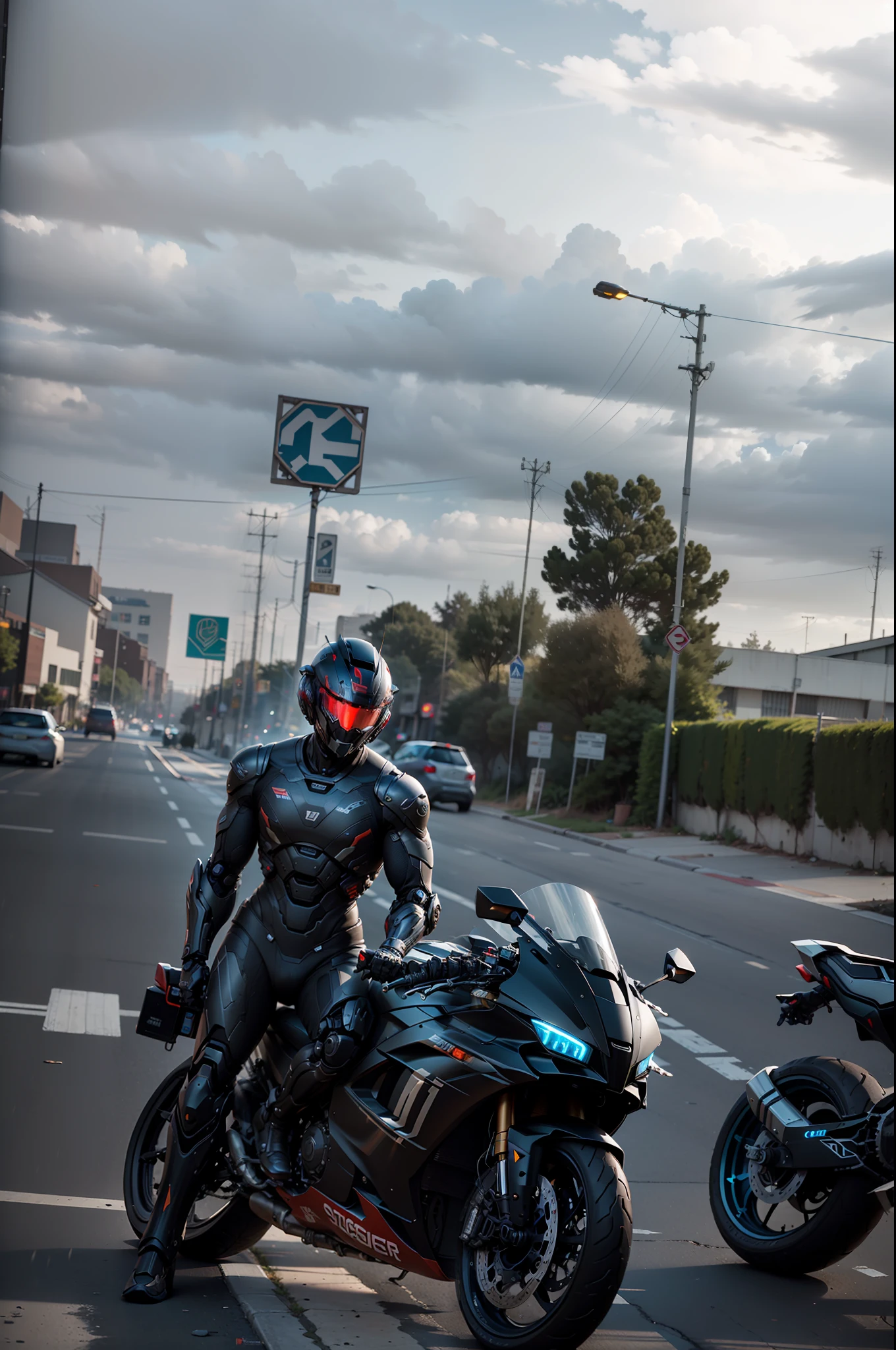 Strong handsome full body black mech Cyber Handsome Warrior, Cyber Mechanical Motorcycle, High-Tech Black Full Surrounded Faceless Helmet, Nousr, Biomechanics, MSHN Robot Man, High-Tech Helmet, Hyperreal, Steel, Intricate Design, Crazy Details, Fine Details, Extremely Clear Lines, Cinematic Lighting, Photo Realisticity, Detailed Masterpiece