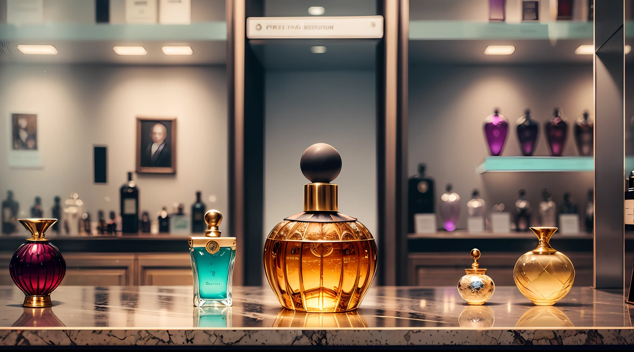 a view of a modern store of imported perfumes, beautiful perfume bottles on the shelves, a portrait of Viktor Oliva, fine art, perfume exhibition, perume shop shop, exuberant modern, photo for a store, in detail, perfume bottle image, --auto