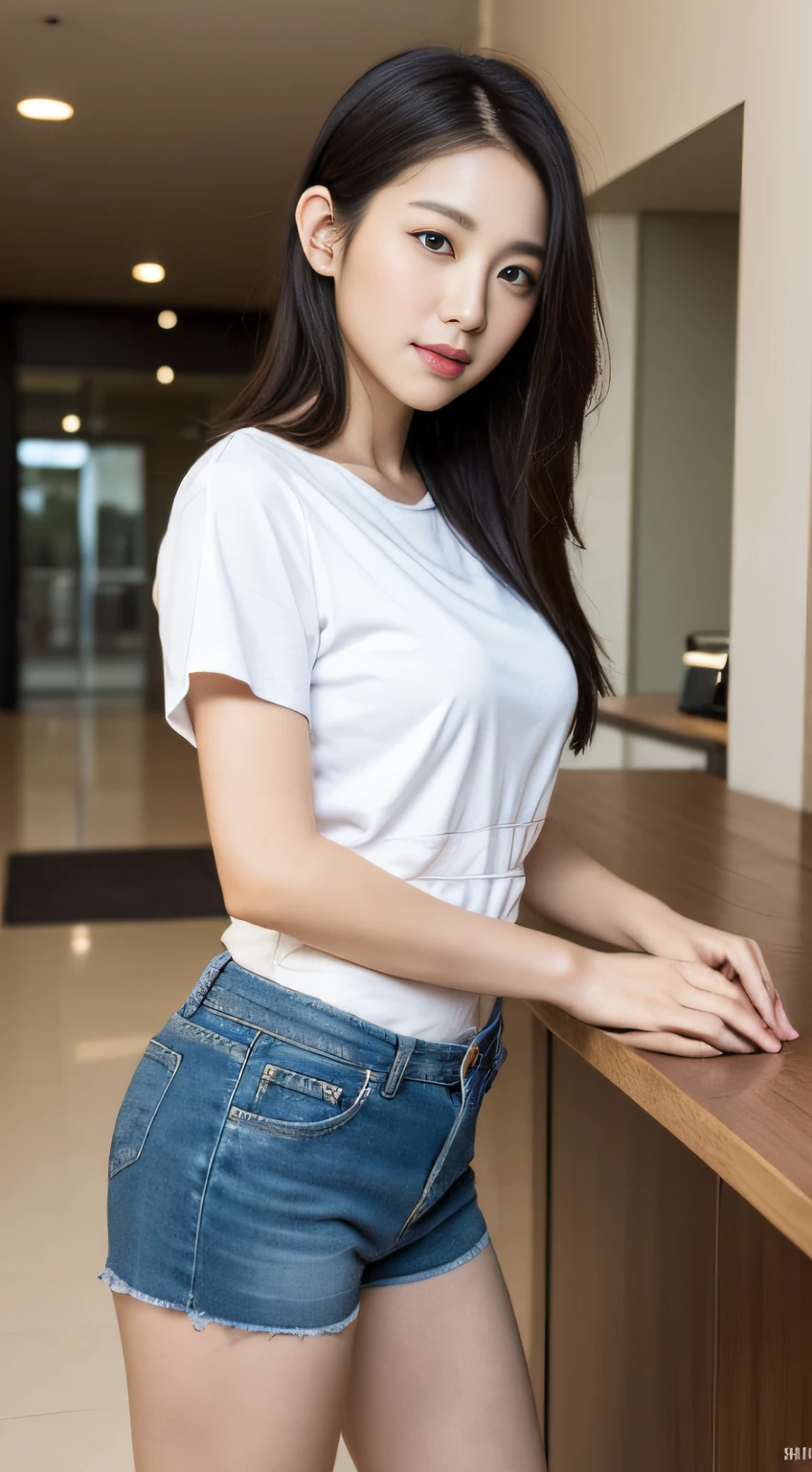 Night Interior Real Lighting】 【Hospital Lobby:2.0 Hall Exterior Counter 】 Slim Abs Hips】 Tongue Cap】 【Black Hair, Dark Brown Hair, Wave Head, Setback, Long Hair, Layered Haircut】 【Super Fine Face, Round Face】 【Long Eyelashes, Solid Round Eyes, Fine Eyes, Delicate Eyes, Double Eyelids】 【Ear Blush】 【Highly Detailed Face and Skin Texture, Whitened Skin】 【Light Smile】 【(Short Sleeves, Shorts, Half-sleeved Clothing, Surrealism, Shadows, Embossing, Atmospheric Perspective, 8K Super Detail, Accuracy, Best Quality, 4K Natural Light, Best Quality Realistic lighting, masterpiece, clear focus]