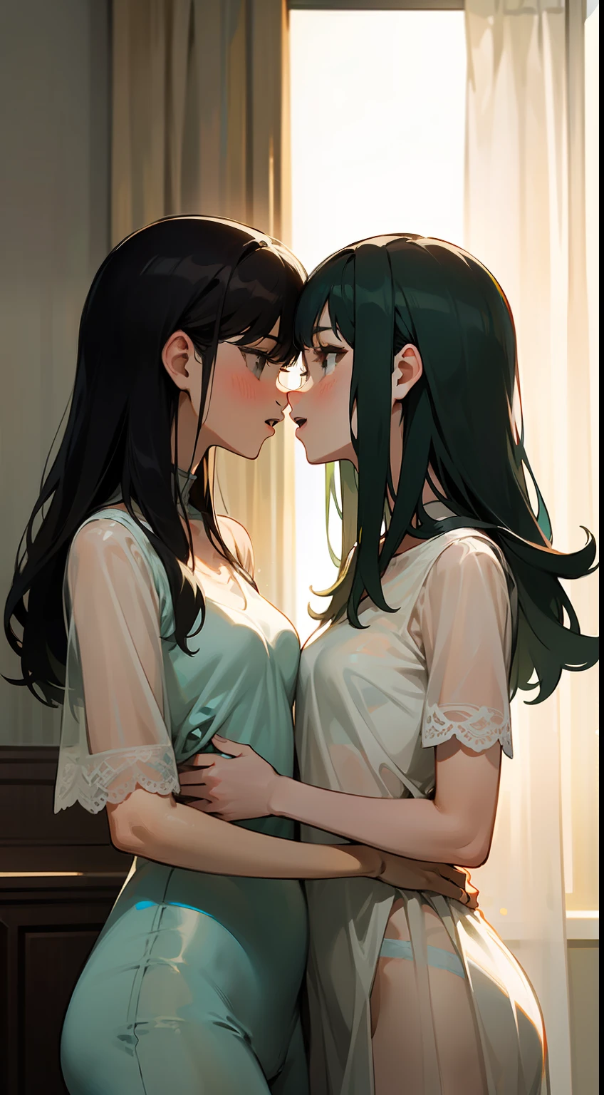 ((Masterpiece)), ((Best Quality)), Illustration, Two girls, Hair color, Bangs, Hairstyle fax, Portrait from waist up, Date, Ladies, Girl, transparent clothes, Light green long black hair, Gray eyes, Dull bangs, Smile, Chest black lace underwear, Clear underwear, see-through, Hotel private room, Open mouth, Small breasts, Naked mother and daughter, Girl kissing