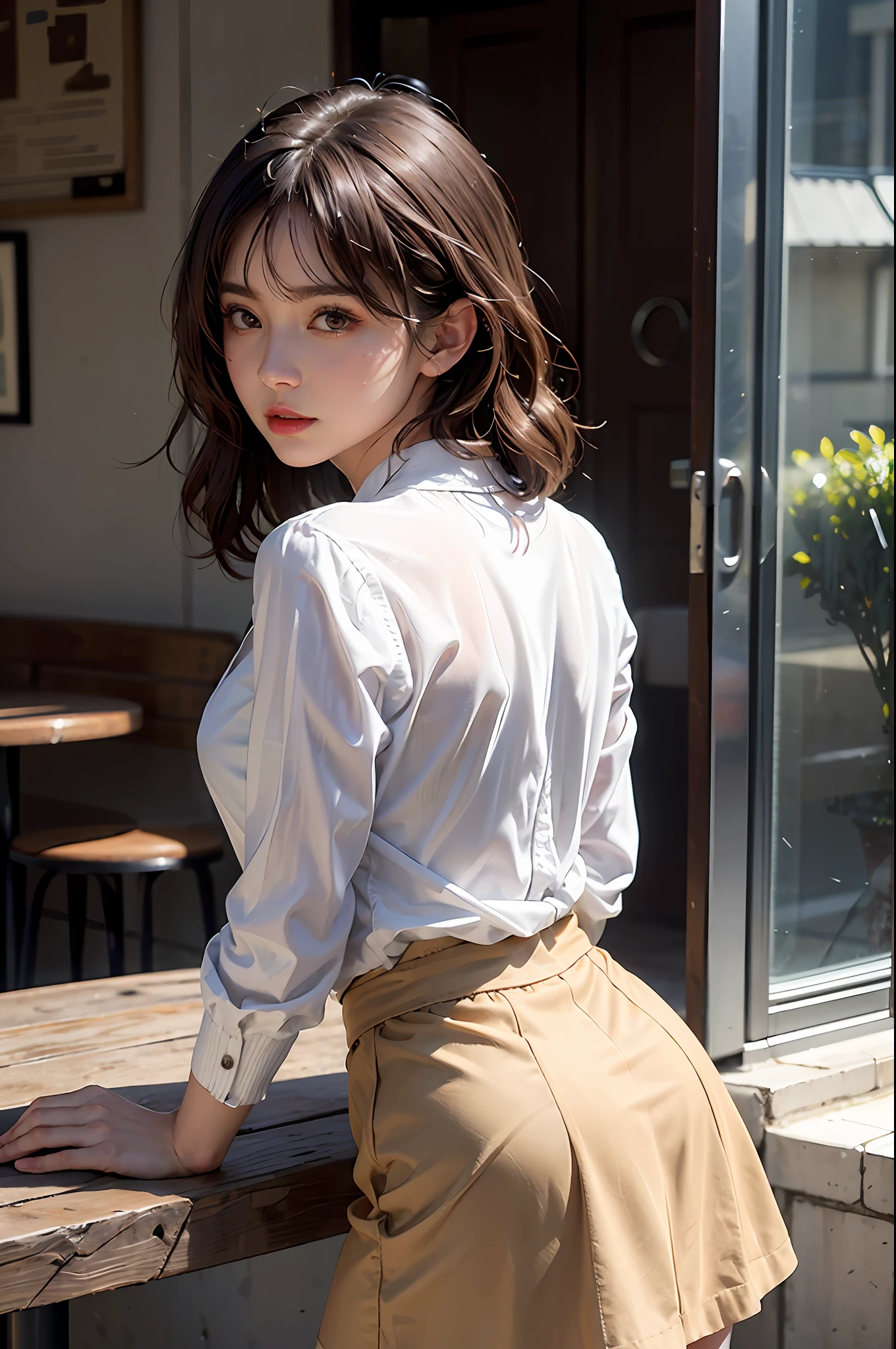 (Masterpiece: 1.3), (8k, Photorealistic, RAW Photo, Best Quality: 1.4), (1girl), Shallow depth of field, Face in focus, Soft Focus, Beautiful Face, (Backlit: 1.5), (Ambient: 1.3), (Realistic Face), (Black Hair, Medium Short: 1.3), Loose Wavy Hair, Short Bangs, Realistic Eyes, Dark brown eyes, highlights in pupils, beautiful detail eyes, (plenty of natural light), (realistic skin), beautiful skin, cardigan, (blouse with white collar), (flared skirt), (pumps), watch, small handbag, absurd, attractive, ultra high resolution, ultra realistic, high definition, golden ratio, detailed dining café background, computer on table, Holding a coffee tumbler in hand, the light from the back window is backlit, the light is pale skylight with natural light, and the natural light lighting from diagonally in front of the face