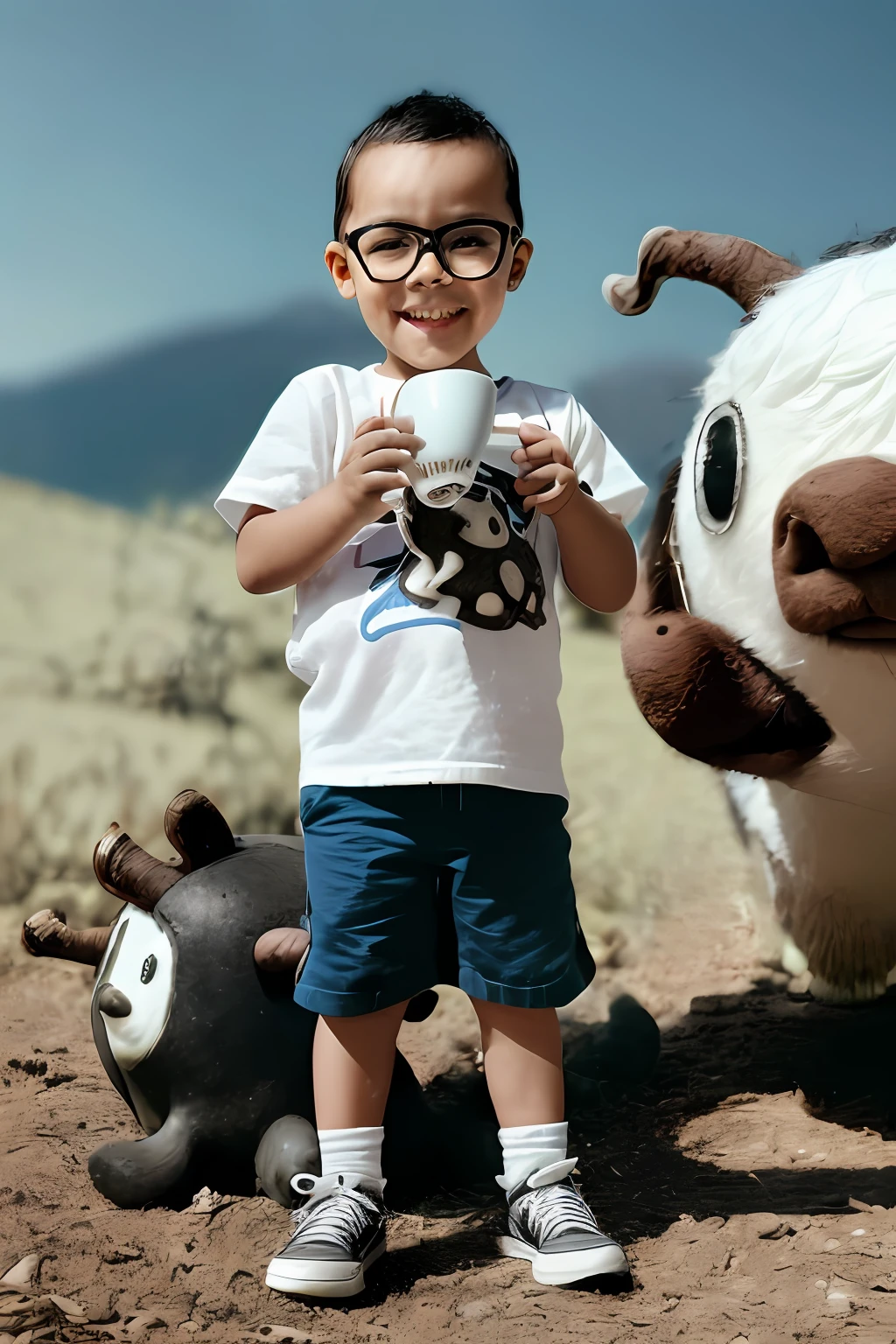 guttonerdvision6, award-winning full-length portrait of a happy 3-year-old boy wearing glasses, (((face skin and poros)) (((detailed))). He's got a hot cup of coffee with smoke in his hands, Intricate scene, realistic, cinematic, 8k, realistic