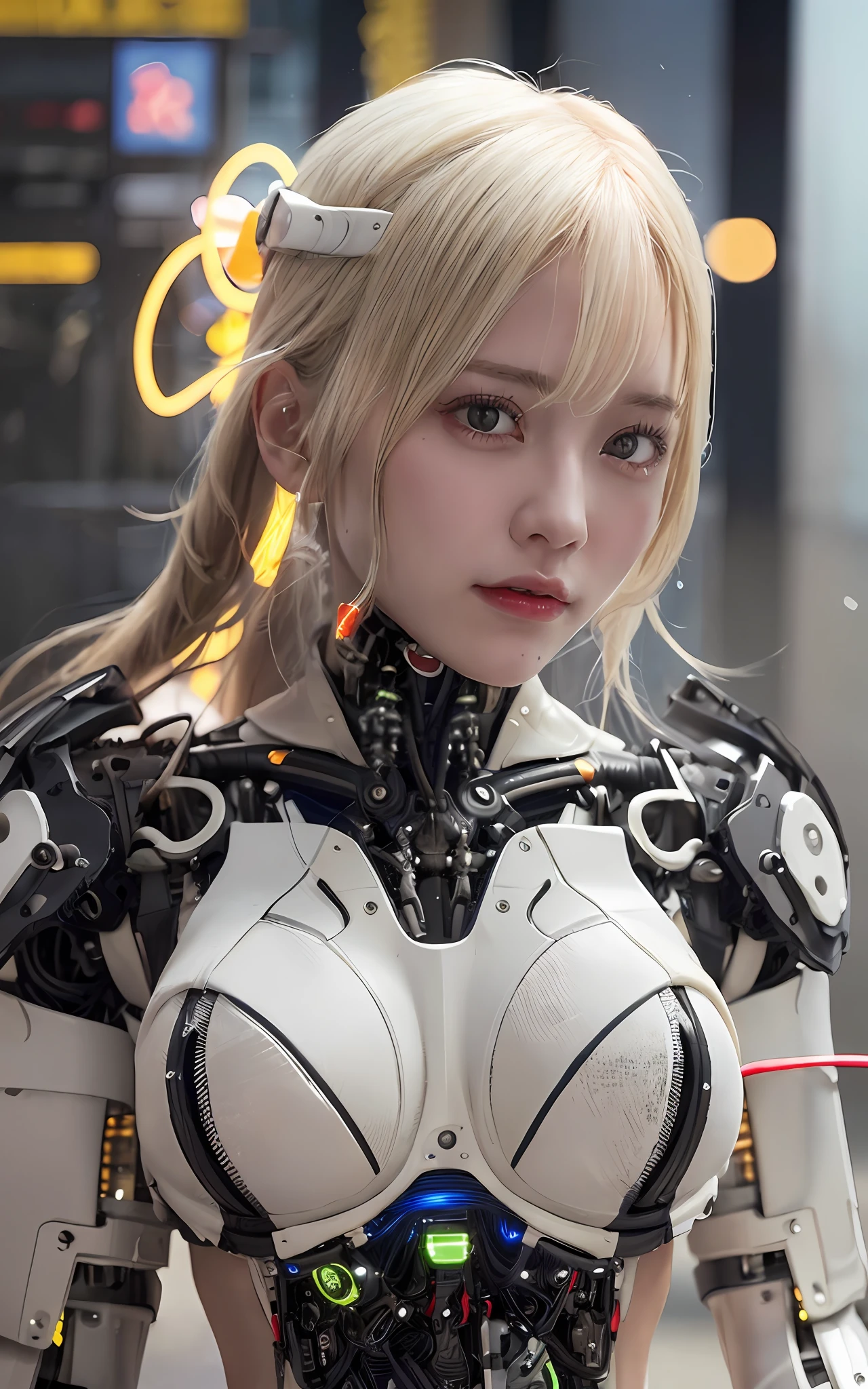 1mechanical_girl wearing intricate bioluminescent mechanical cyborg armor made out of (white beige old plastic) , ((ultra realistic details)), detailed_face, global_illumination, shadows, octane_render, 8k, ultra_sharp, metal, ornaments_detailed, cold_colors, egypician_detail, highly_intricate_details, realistic_light, trending_on_cgsociety, glowing_eyes, facing_camera, neon_details, machanical_limbs, blood_vessels_connected_to_tubes, ((lot_wires_and_cables_connecting_to_head_and_body)), killing_machine, extremely_sexy, lustful, slutty