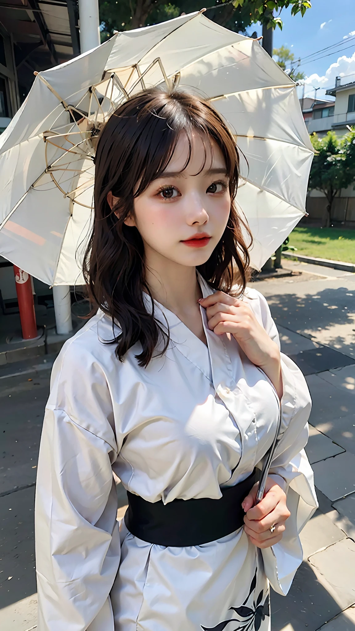 huge breasts, beautiful girl, high image quality, summer clothes, large parasol, yukata, gentle like taken with a single lens reflex camera