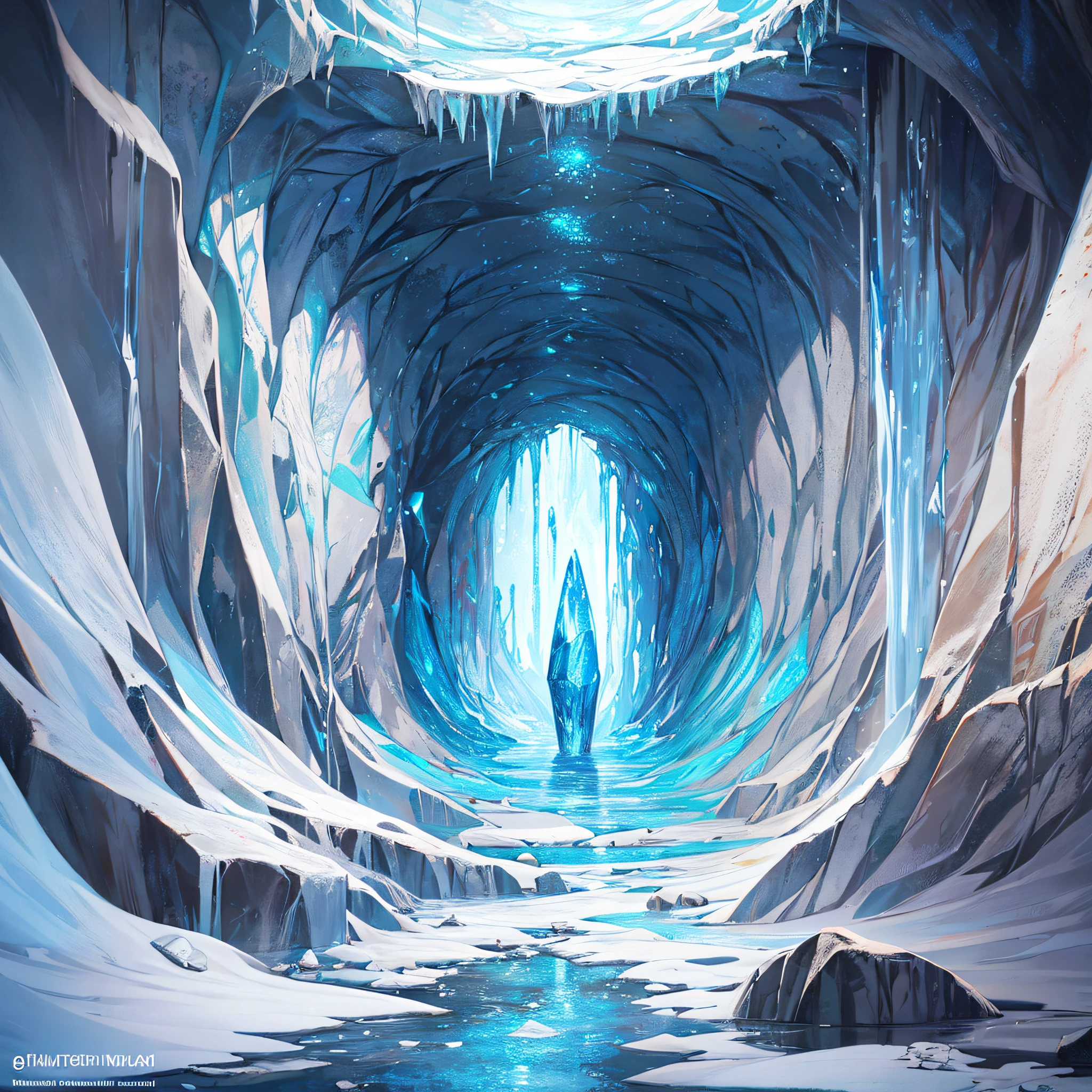 The Ice Age, an immersive scene within a glacial cave, shimmering blue ice walls adorned with intricate patterns, an ethereal glow emanating from within, revealing hidden ice crystals and formations, creating an otherworldly ambiance, Artwork, mixed media, including digital painting and photography