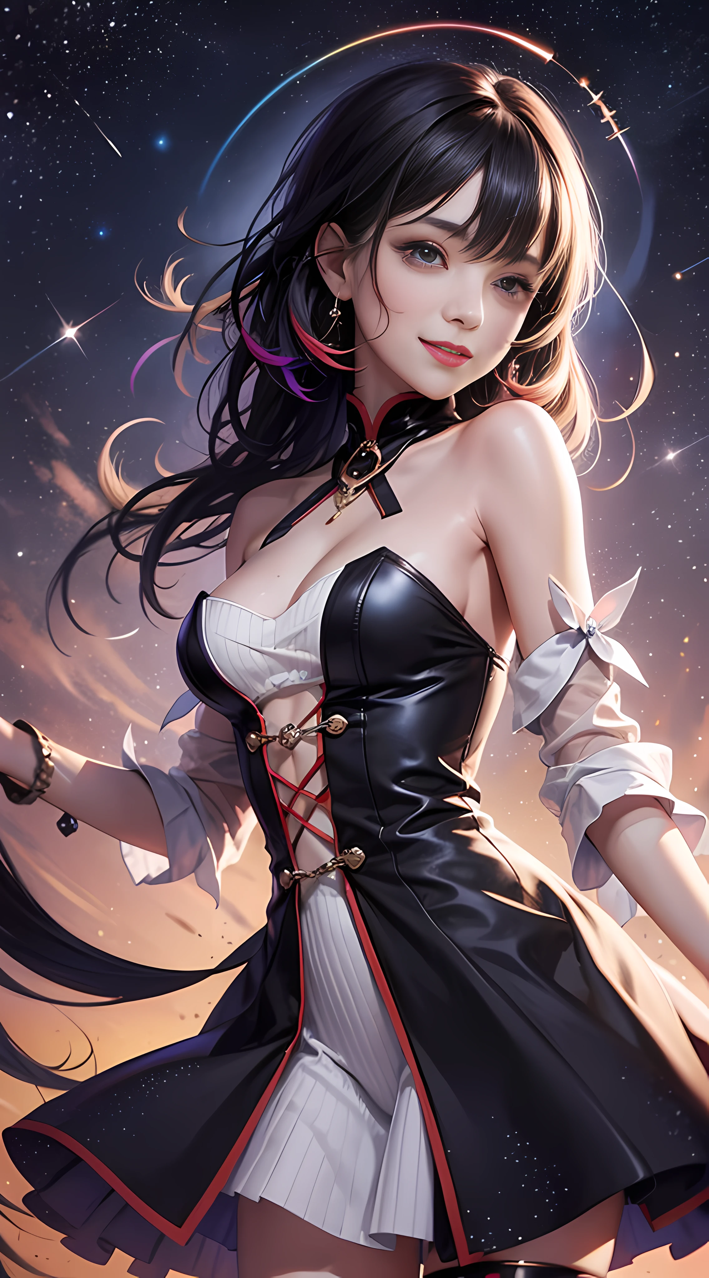 Best quality, 8K, don't miss fingers, 1 girl, upper body, multicolored clothes, black hair, starry sky background, smile, KDA, solo, long hair, short hair, dress,