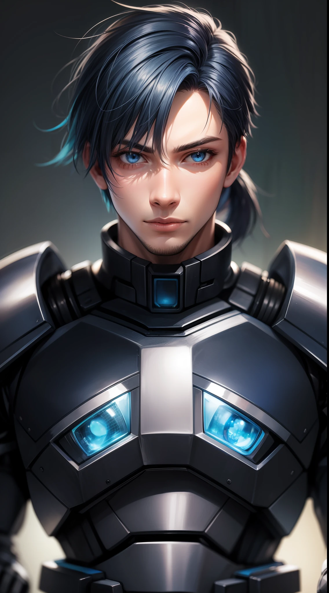 Adult guy, short blue hair, high ponytail, blue eyes, Autobot armor, masterpiece, high quality