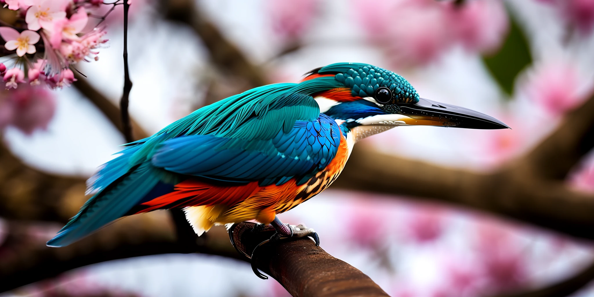 Superb Kingfisher Near White Cherry Blossoms on Branches, Dark, Dawn, (Cold Morning: 1.1), (Morning Dew: 1.15), Realistic Photography, (Low Photo: 1.2), Detail, 8K, Intricate Folded Feathers, Water Droplets on Feathers, (to8contrast style), (MIST: 0.7), Bright Colors, Sony a6600 Mirrorless Camera, embellish2