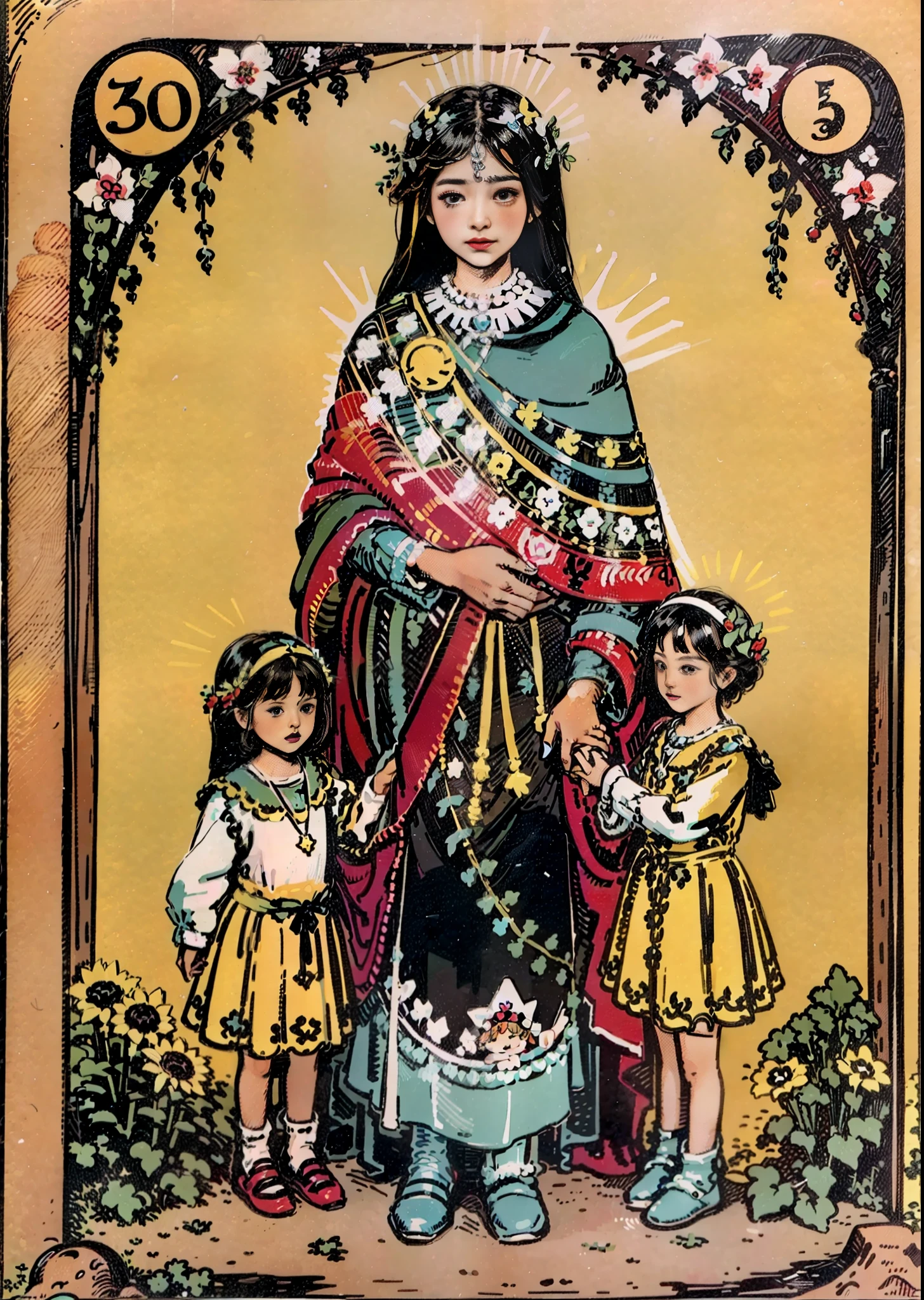 Make a tarot-style picture of a 6-year-old child and then the child's hand is held by mom and dad and three people standing together