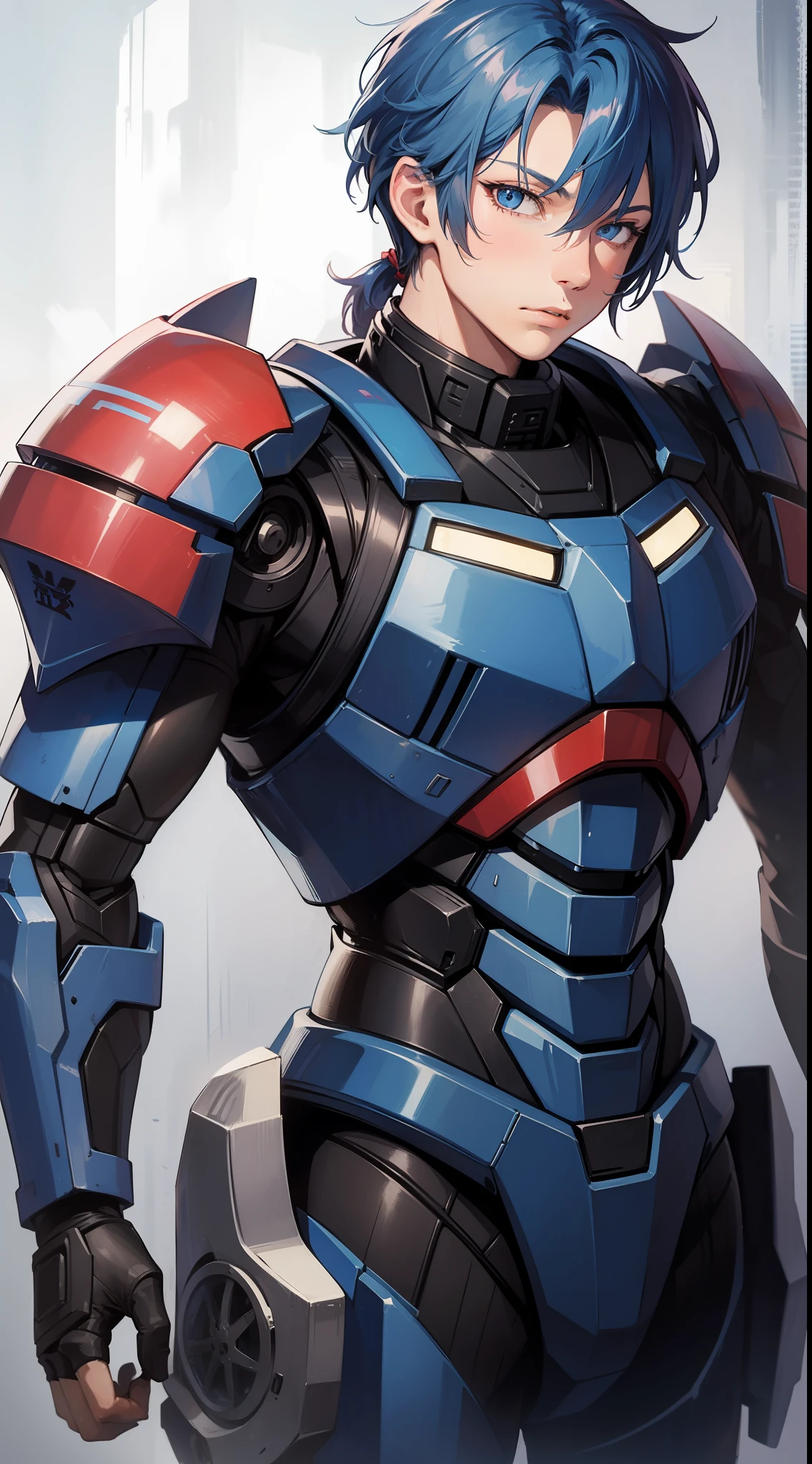 Adult guy, short blue hair, high ponytail, blue eyes, Autobot armor, masterpiece, high quality