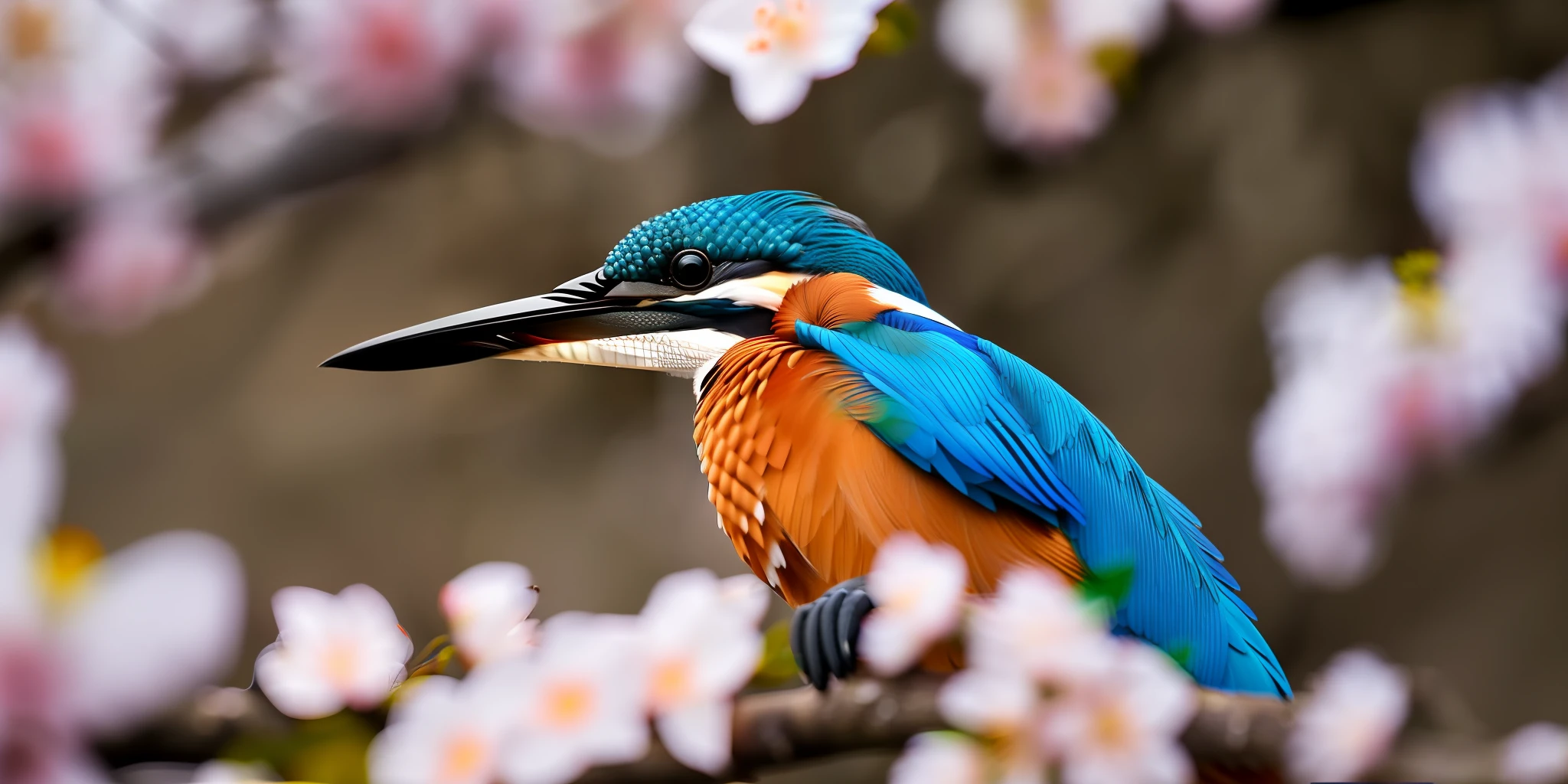 Superb Kingfisher Near White Cherry Blossoms on Branches, Dark, Dawn, (Cold Morning: 1.1), (Morning Dew: 1.15), Realistic Photography, (Low Photo: 1.2), Detail, 8K, Intricate Folded Feathers, Water Droplets on Feathers, (to8contrast style), (MIST: 0.7), Bright Colors, Sony a6600 Mirrorless Camera, embellish2