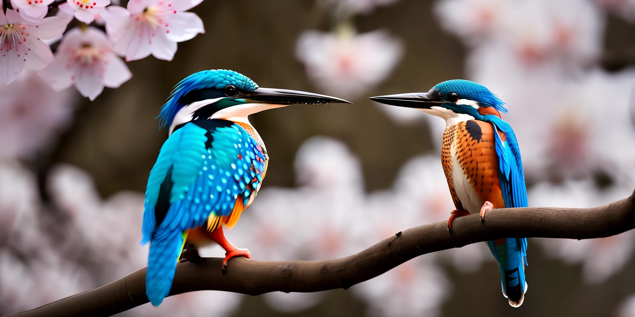 Superb Kingfisher Near White Cherry Blossoms on Branches, Dark, Dawn, (Cold Morning: 1.1), (Morning Dew: 1.15), Realistic Photography, (Low Photo: 1.2), Detail, 8K, Intricate Folded Feathers, Water Droplets on Feathers, (to8contrast style), (MIST: 0.7), Bright Colors, Sony a6600 Mirrorless Camera, embellish2
