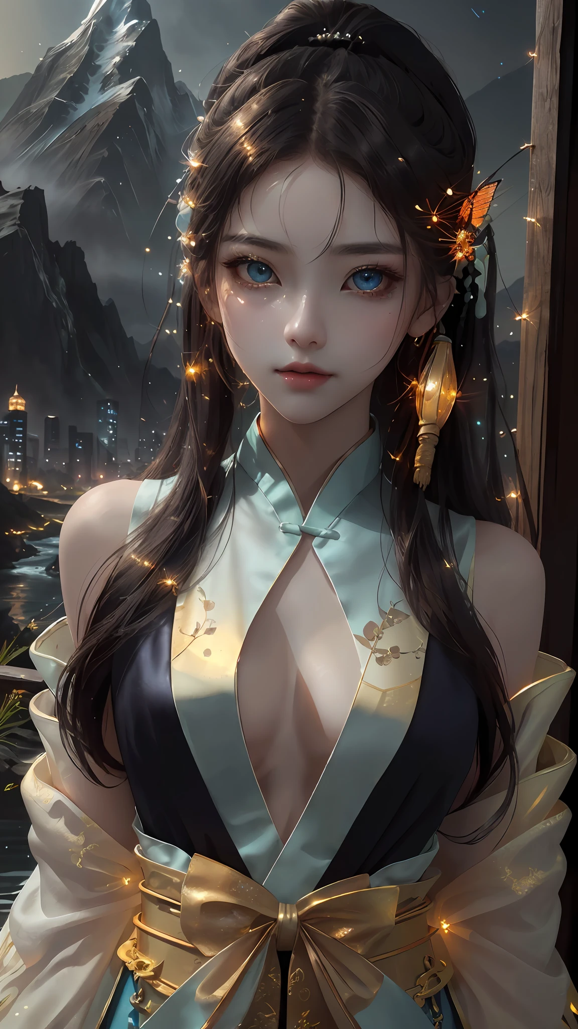 best quality, masterpiece, highres,
1girl, Detailed face, (Upper body:1.6), Cyber cities, mountains and rivers, night, firefly lights, Realistic, rich in detail, (White hanfu:1.2), (beautiful body:1.4),