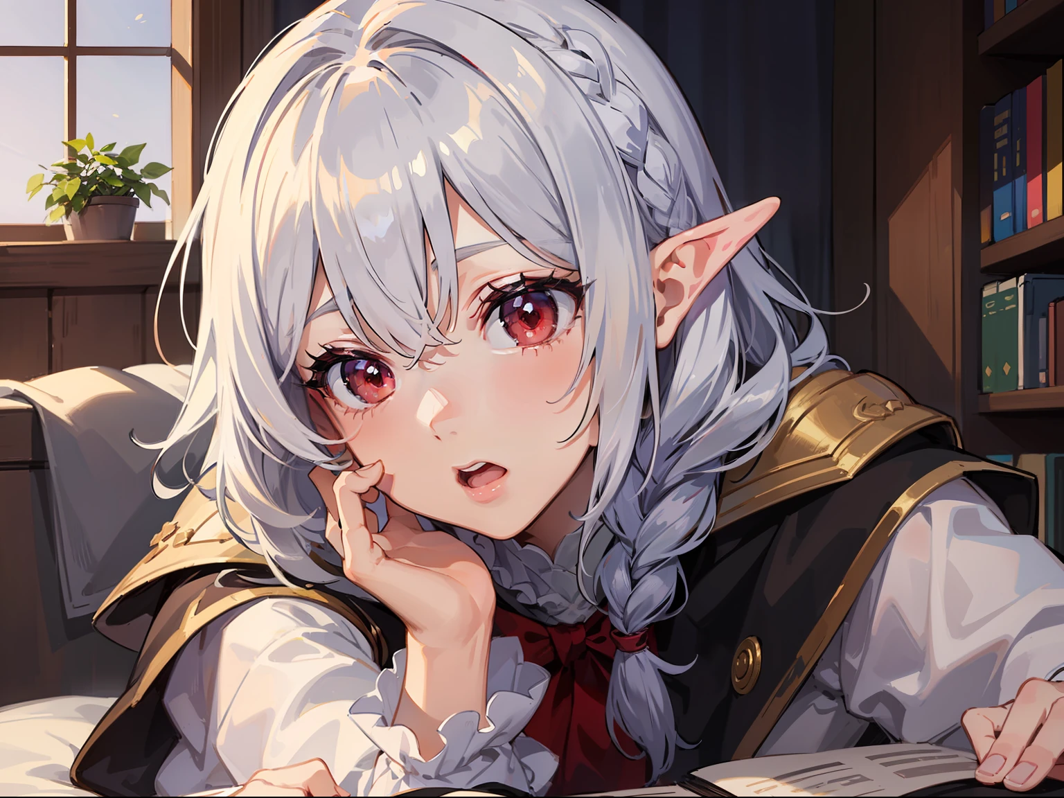 ((Put your hands on your face)), (surprised)), (Red face), 1 girl closeup, Elf, Silver hair, Red eyes, Braid hair, Bob cut, Wizard, Robe, Ruffles, Tights, Cloak, Indoors, Bed, Sleeping, TS, Concept art, Beautiful anime scene, Beautiful anime scenery, Best quality, Masterpiece, 4K