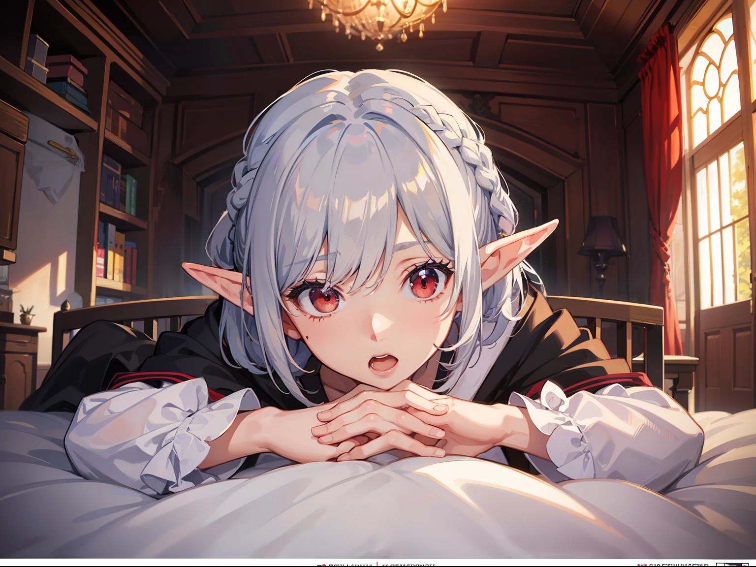 ((Put your hands on your face)), (surprised)), (Red face), 1 girl closeup, Elf, Silver hair, Red eyes, Braid hair, Bob cut, Wizard, Robe, Ruffles, Tights, Cloak, Indoors, Bed, Sleeping, TS, Concept art, Beautiful anime scene, Beautiful anime scenery, Best quality, Masterpiece, 4K