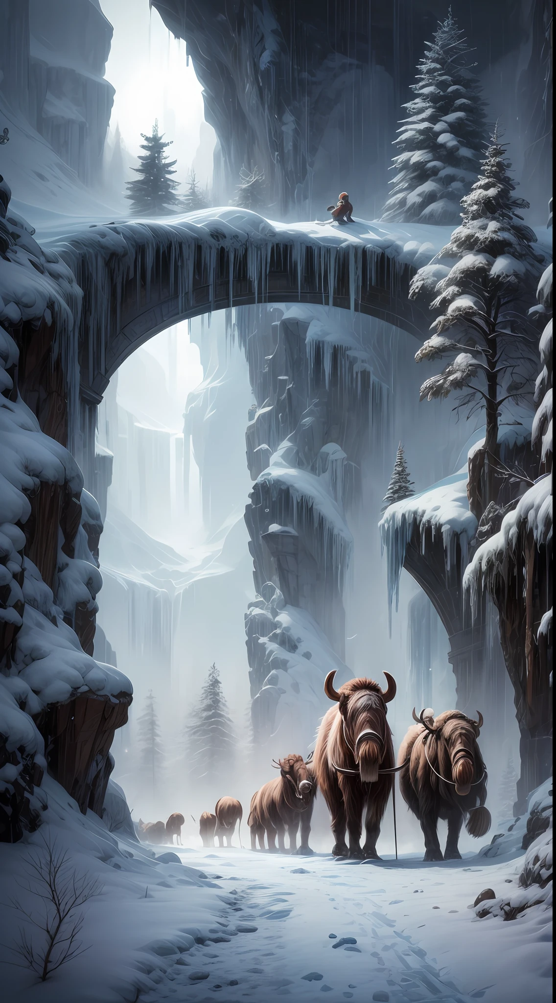 The Ice Age, an enchanting scene of a mammoth family trekking across a frozen tundra, snowflakes gently falling from the sky, ancient icy caves dotting the landscape, delicate icicles hanging from tree branches, evoking a sense of wonder and ancient history, Sculpture, marble material, chisel and mallet