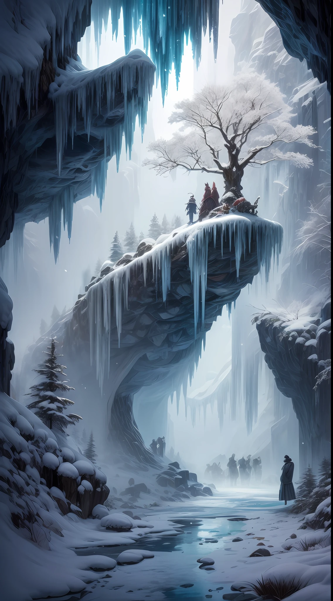 The Ice Age, an enchanting scene of a mammoth family trekking across a frozen tundra, snowflakes gently falling from the sky, ancient icy caves dotting the landscape, delicate icicles hanging from tree branches, evoking a sense of wonder and ancient history, Sculpture, marble material, chisel and mallet