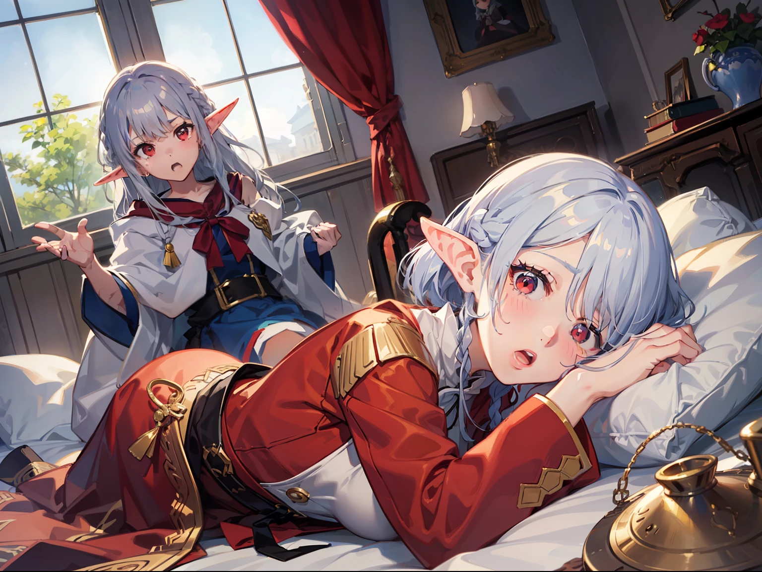 ((Put your hands on your face)), (surprised)), (Red face), 1 girl closeup, Elf, Silver hair, Red eyes, Braid hair, Bob cut, Wizard, Robe, Ruffles, Tights, Cloak, Indoors, Bed, Sleeping, TS, Concept art, Beautiful anime scene, Beautiful anime scenery, Best quality, Masterpiece, 4K