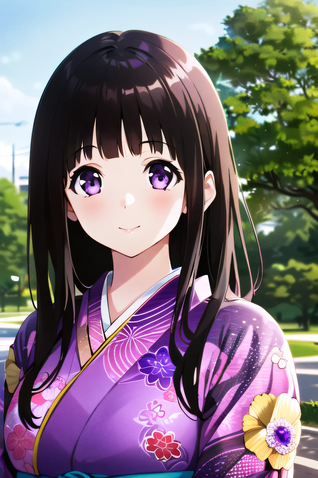 (1girl), best quality, 4k, outdoor, park, sunny, chitanda_eru, ((hime_cut, straight_bangs)), mery_(yangmalgage) , looking_at_camera, looking_at_viewer, running, kimono, brunette, timid smile, deep eyes, sensual, (((purple eyes, round_eyes, big_eyes))), dark hair, straight fringe, park background, dynamic, slender, highly detailed, normal breasts, medium straight hair, perfect drawing, best quality, masterpiece, ultra-detailed,  balanced composition, fashion illustration, female anime protagonist, detailed facial features, aesthetically pleasing, featured on pixiv