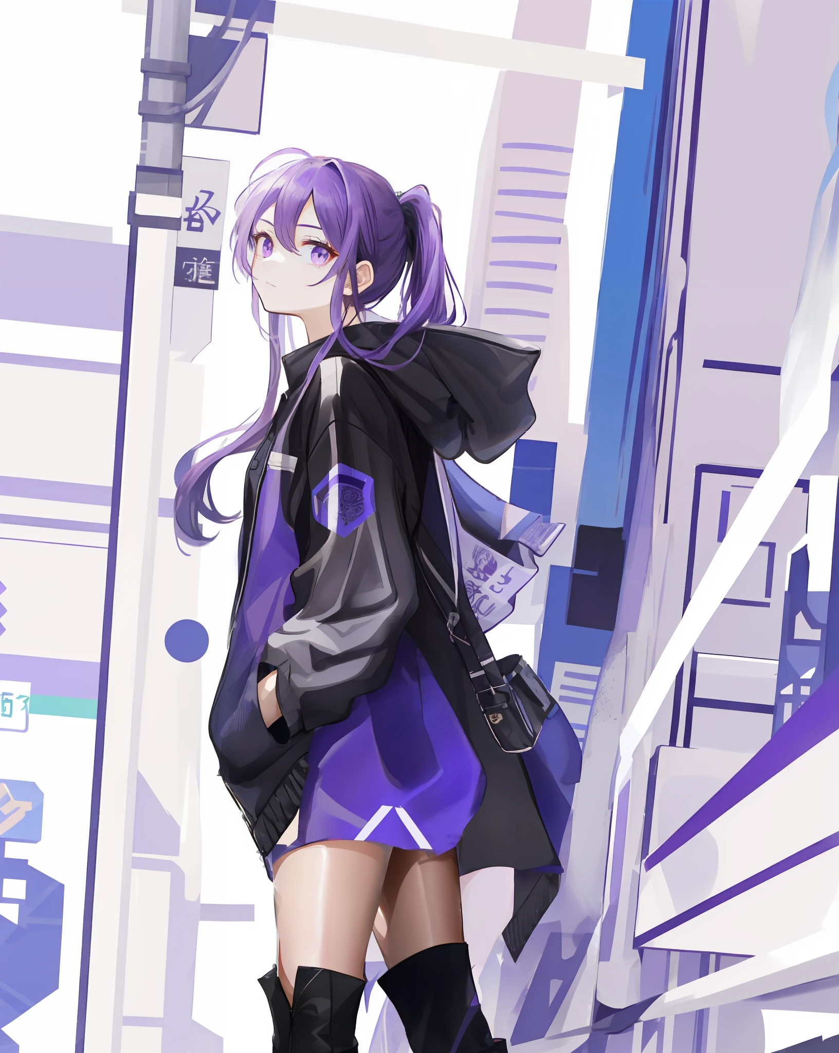 Character design picture, on white background, a girl with purple double ponytail hair and purple eyes wearing a black jacket with blue surround on the front facing the camera and putting her hands in the pocket of the jacket to the audience, the girl also wearing black boots, epic fine character art, stunning characters, beautiful thighs