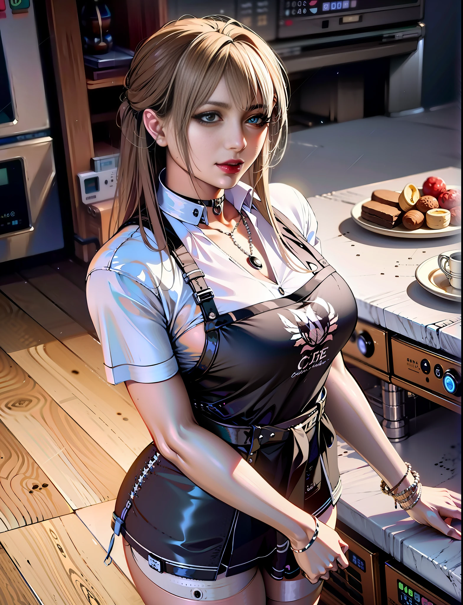 There is a woman standing in front of the coffee machine, mysterious coffee shop girl, surreal schoolgirl, surreal schoolgirl, realistic anime girl rendering, hyperrealistic rendering, surreal CG, surreal rendering, in a coffee shop, realistic schoolgirl with good  features