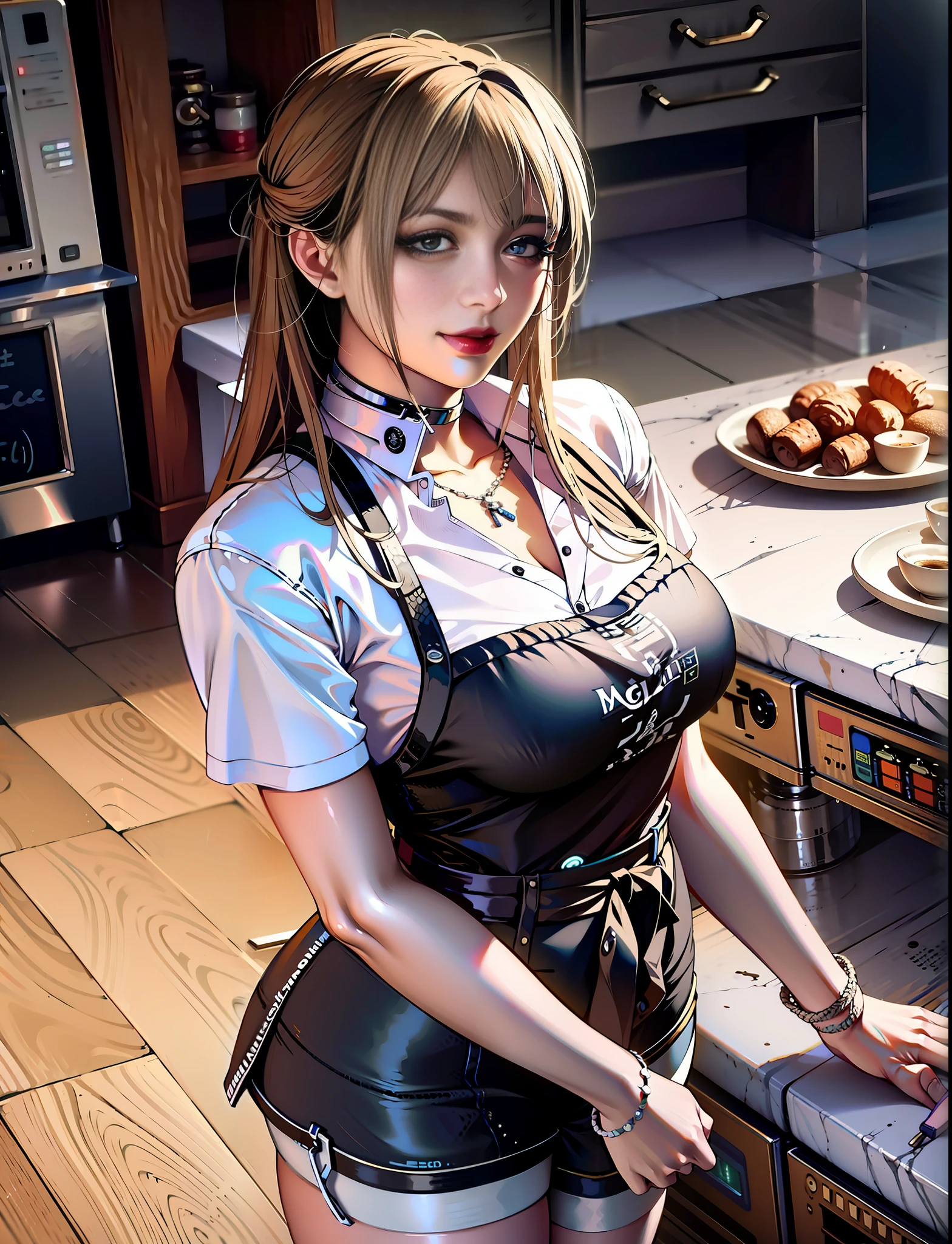 There is a woman standing in front of the coffee machine, mysterious coffee shop girl, surreal schoolgirl, surreal schoolgirl, realistic anime girl rendering, hyperrealistic rendering, surreal CG, surreal rendering, in a coffee shop, realistic schoolgirl with good facial features