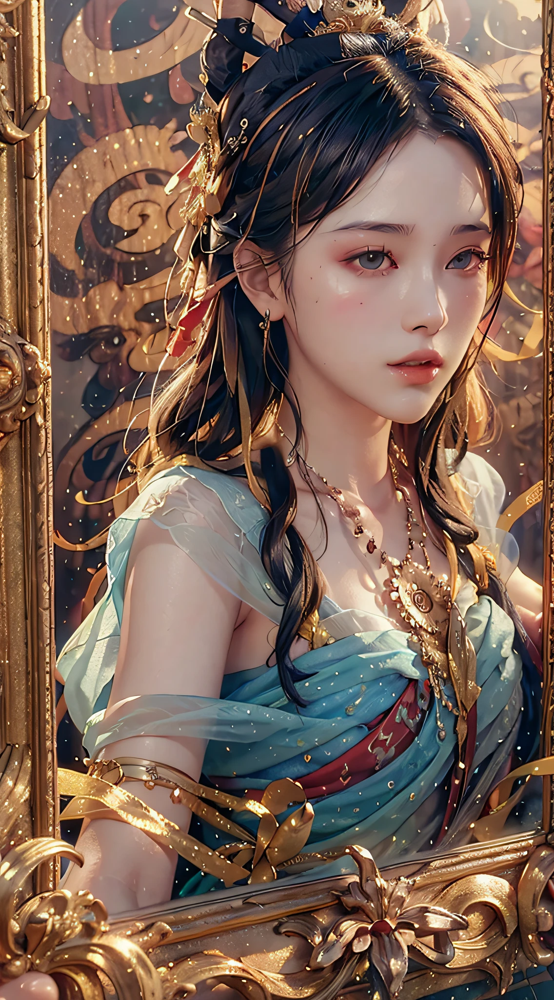 (RAW Photo, Best Quality), (Realistic, Photo Realistic: 1.3), Best Quality, Highly Detailed, Masterpiece, Hyperdetail, Illustration, 1 Girl, (Mirror Selfie), Dynamic Angle, World Masterpiece Theater, messy_long_hair, Best Quality, Extremely Detailed CG Uniform 8k Wallpaper, Ink, Amazing, Cinematic Lighting, lens_flare,, dunhuang_style