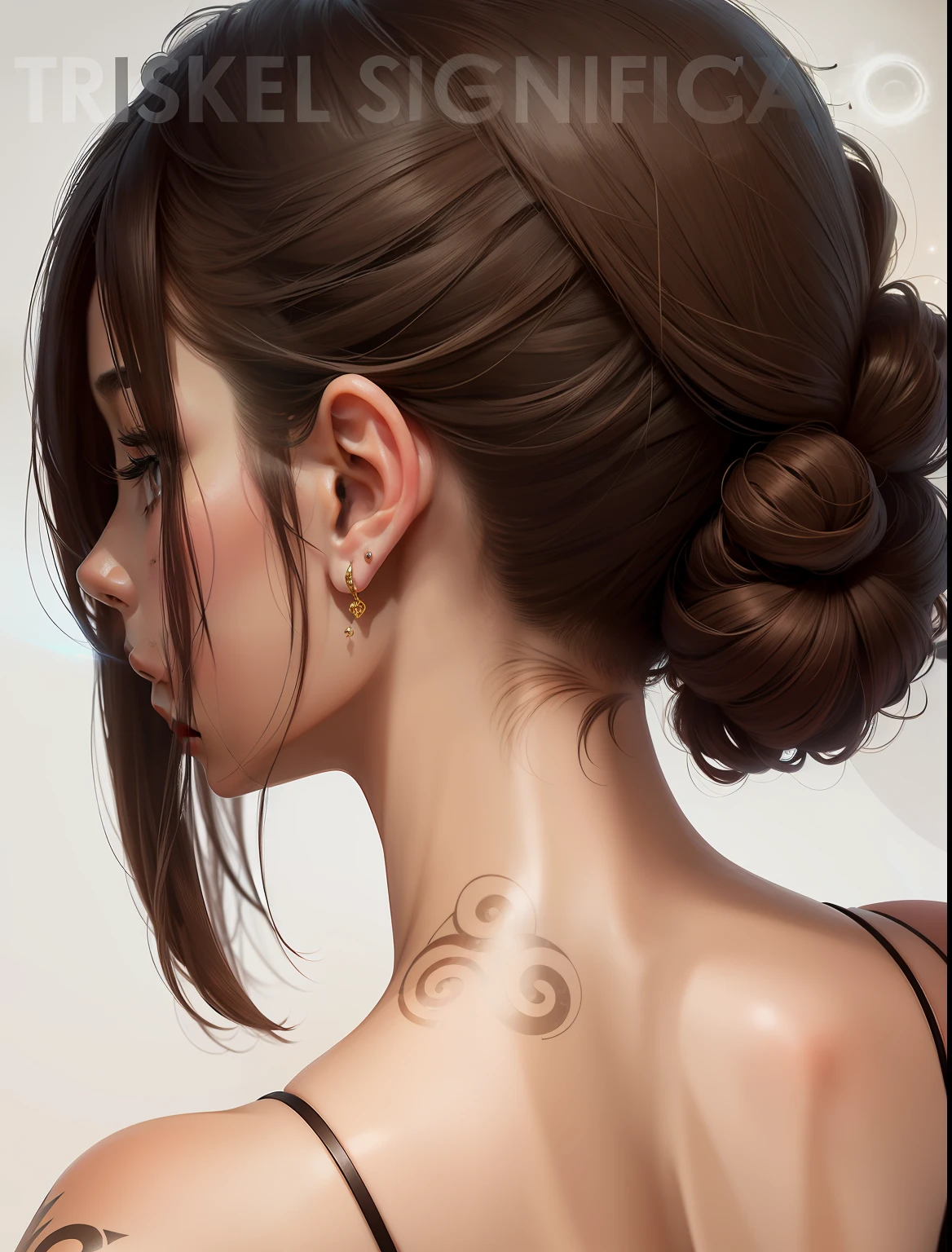 Close-up of the nape of a girl with short brown hair with a small and essential tattoo formed by three segments of a spiral joined in a single point to form a vortex (((Triskell))) --auto