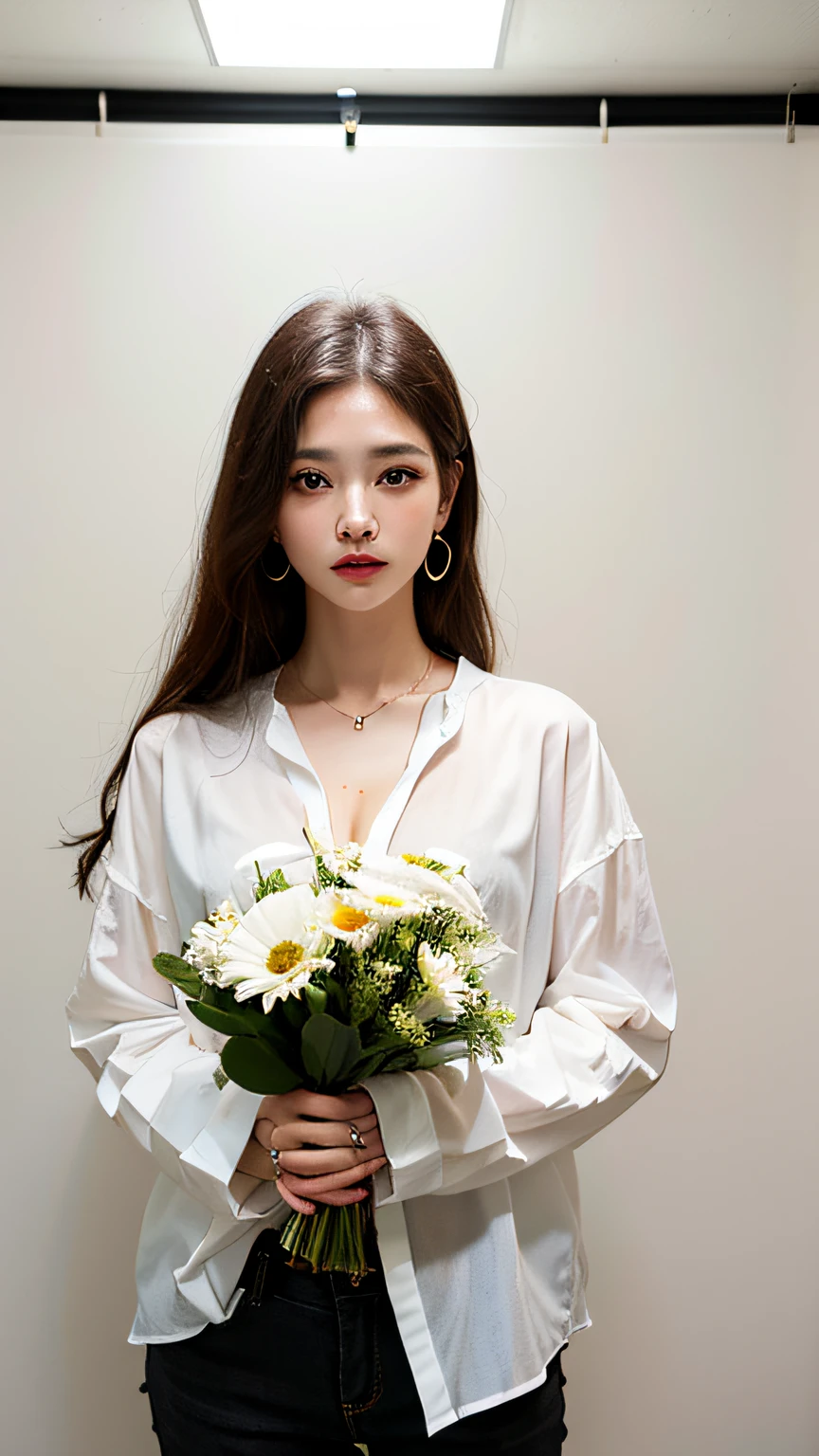 fashion brand, oversized shirt,black, flowers, bouquet. , photo studio, brand, collection, earring, daisy,