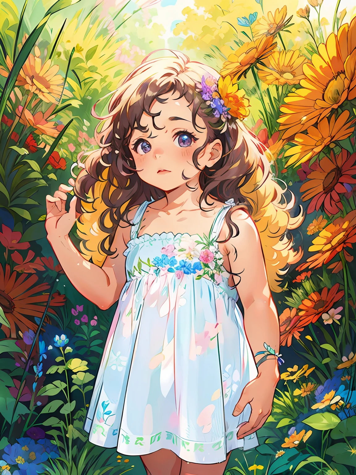 HD, (Best Detail) (Best Quality), (Illustration), (((Flowers))), ((Hair Decorating Flowers))), (((Flower Decorating))), Garden, Flowers and Plant Background, Butterfly, Arafeld Little Girl with Curly Hair Standing in front of the bush