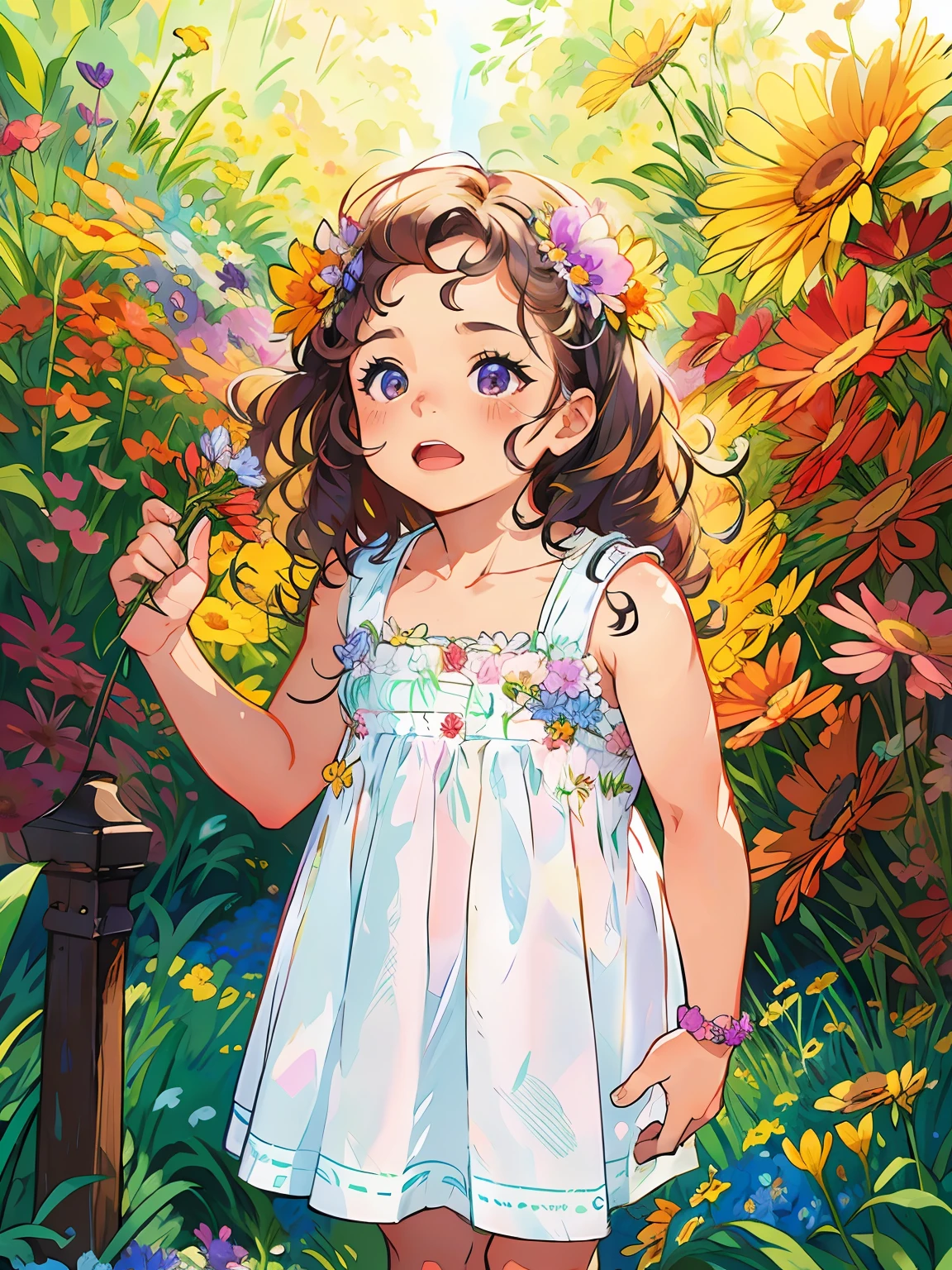 HD, (Best Detail) (Best Quality), (Illustration), (((Flowers))), ((Hair Decorating Flowers))), (((Flower Decorating))), Garden, Flowers and Plant Background, Butterfly, Arafeld Little Girl with Curly Hair Standing in front of the bush